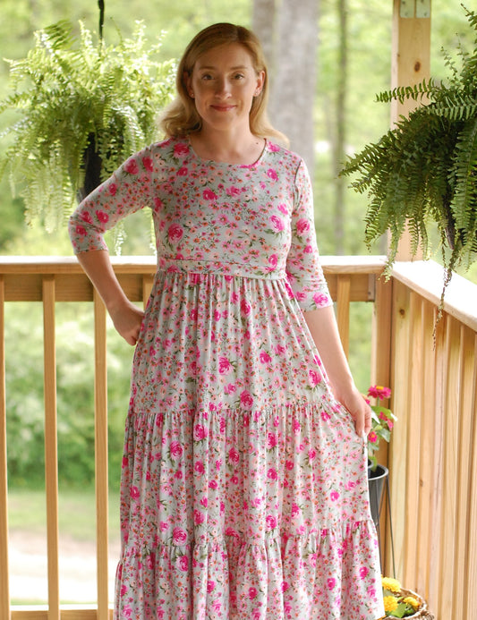 Mint Blossoms Floral Nursing Friendly Square Neck Tiered Dress