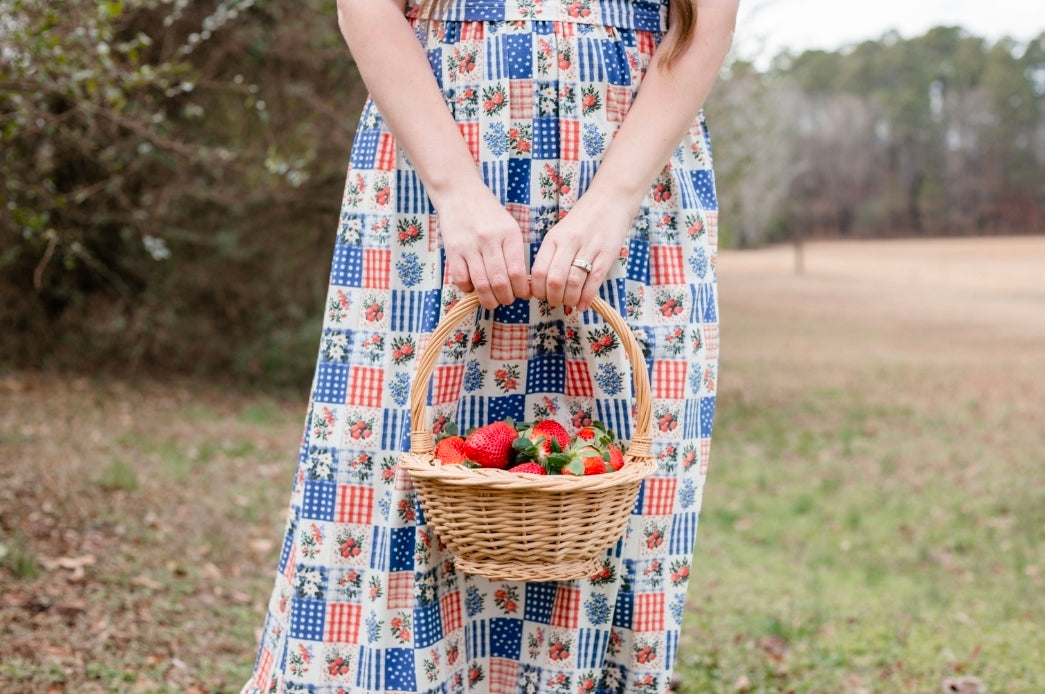 Patriotic Patchwork Prairie Style Cotton Maxi Dress with Natural Waist Bodice Nursing Friendly