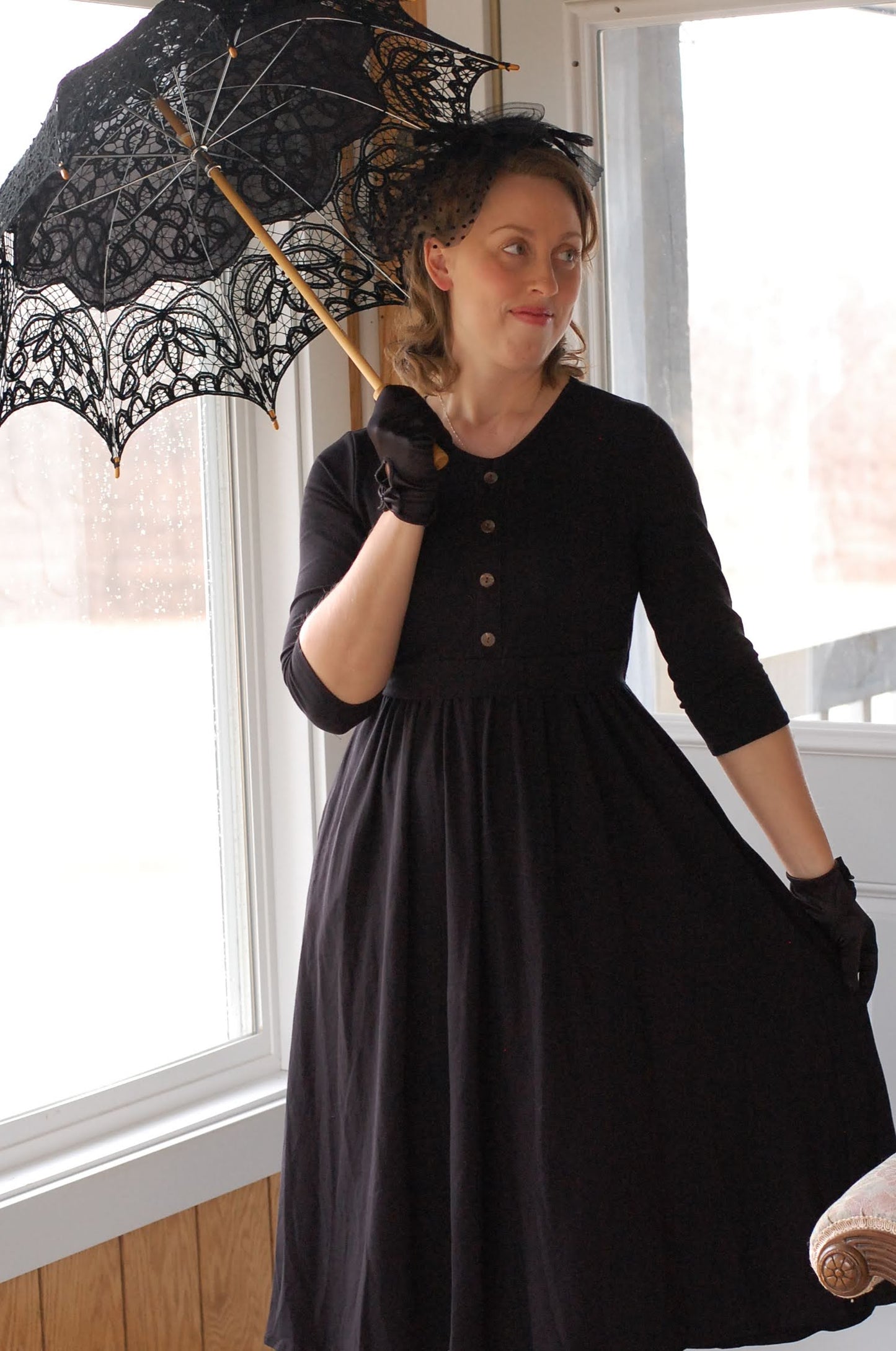 Classic Black Button Style Dress Nursing and Maternity Friendly