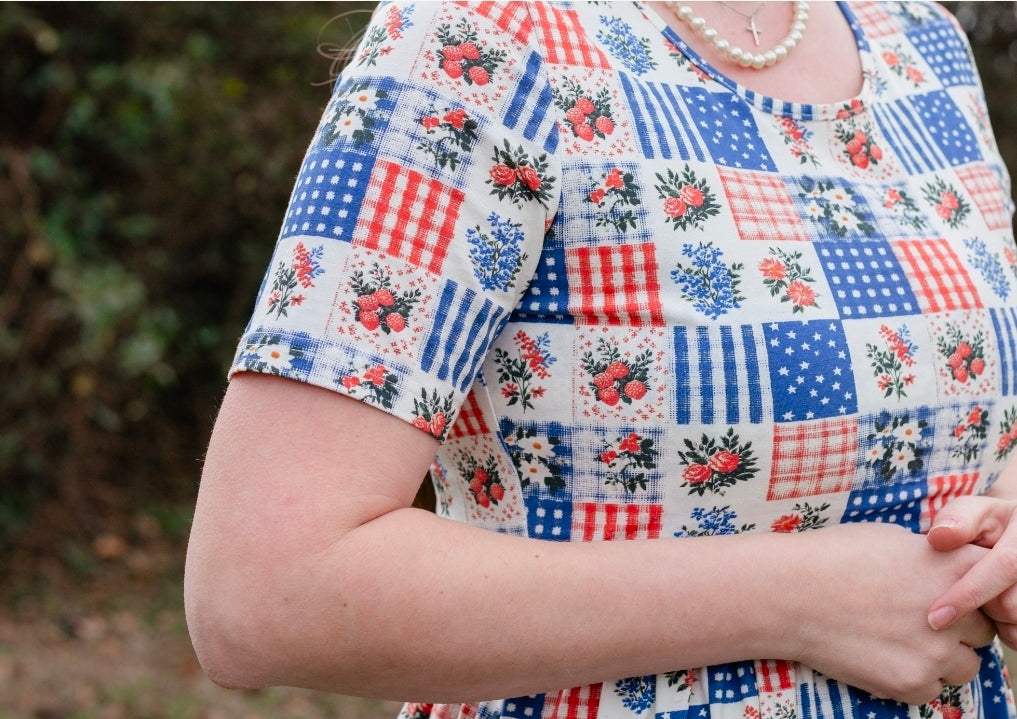 Patriotic Patchwork Prairie Style Cotton Maxi Dress with Natural Waist Bodice Nursing Friendly