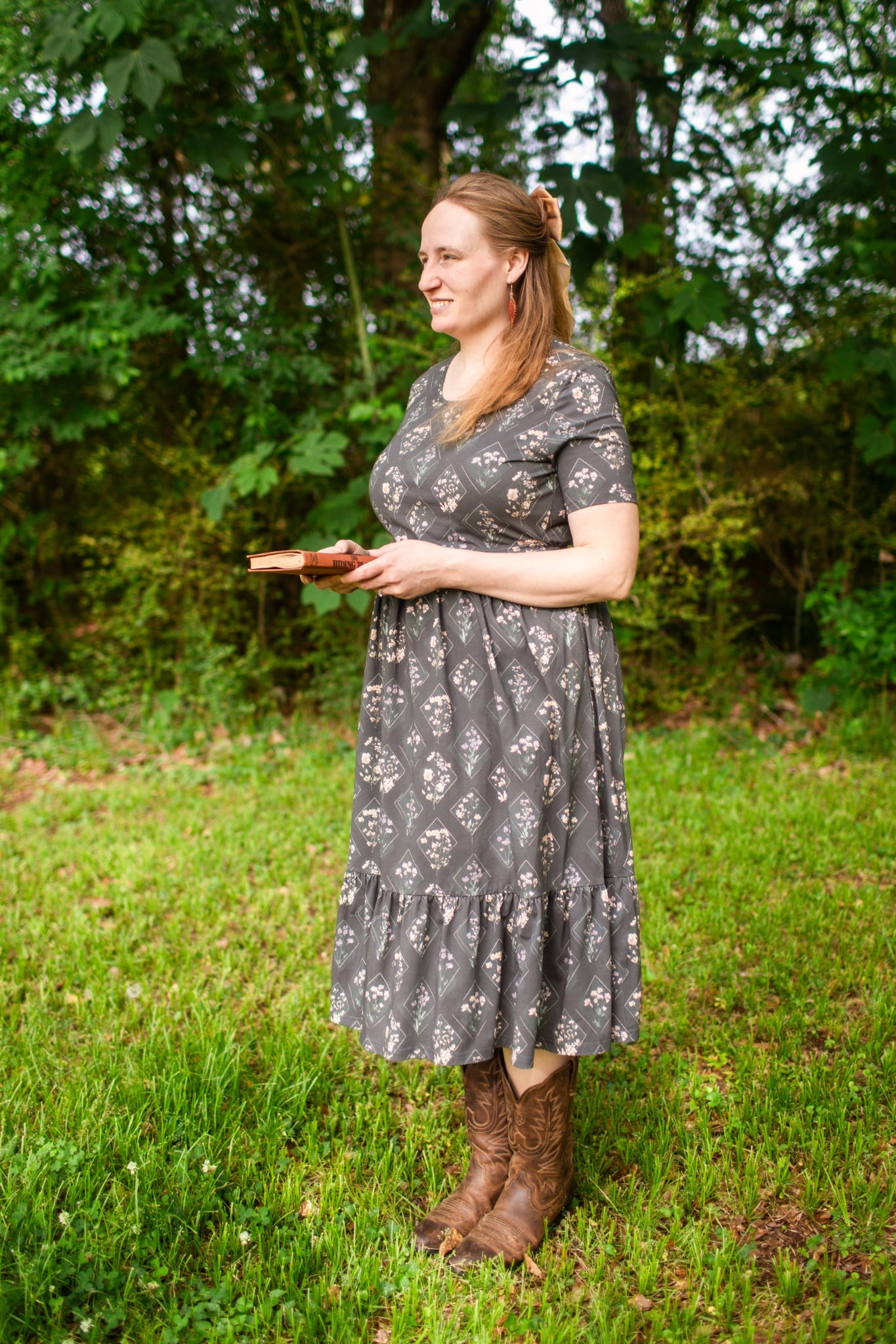 Moonlit Meadow Cotton Midi Dress with Natural Waist Bodice