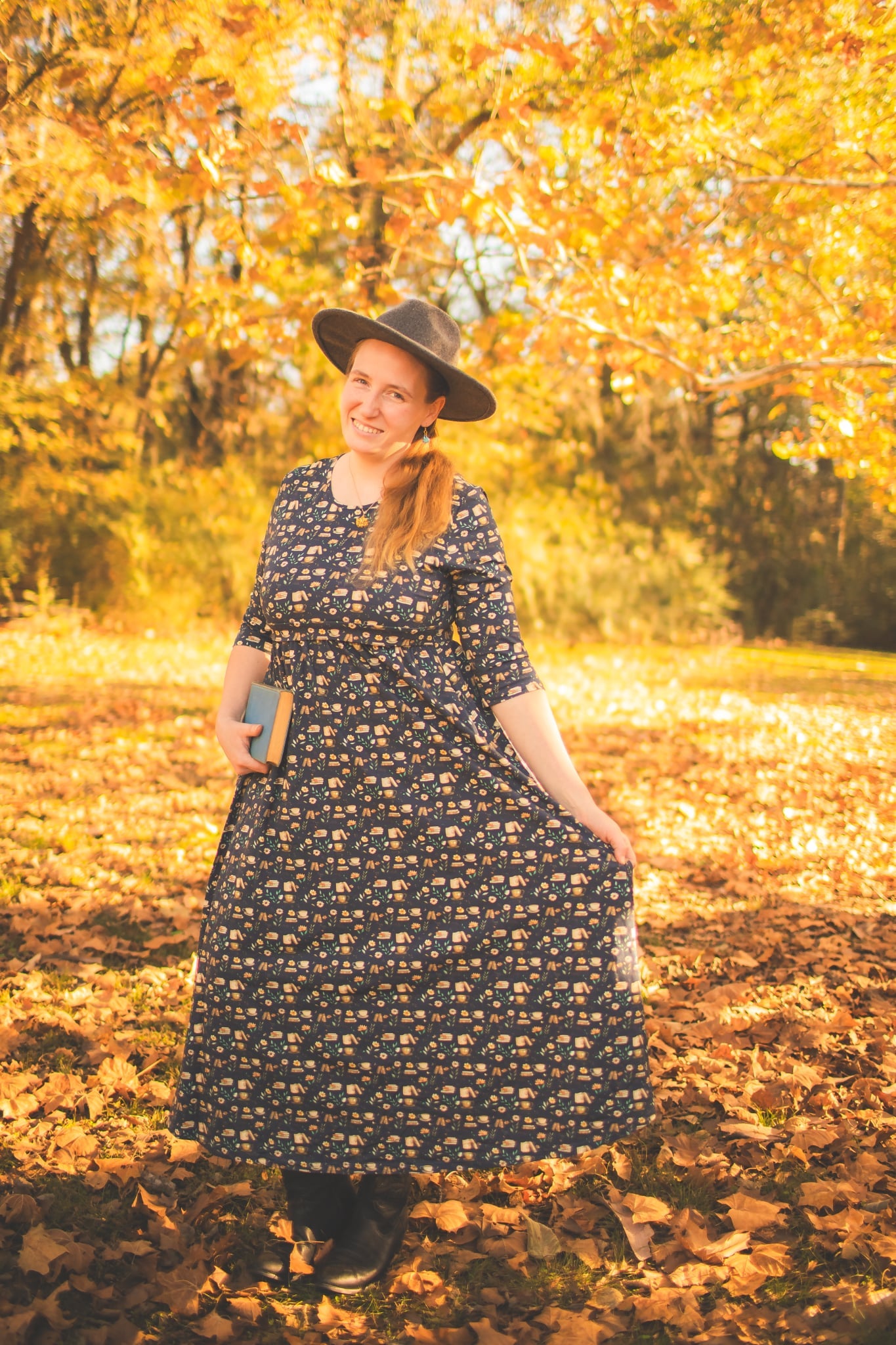 Blue Cotton "Novella" Book Print Homestead Nursing Friendly Dress