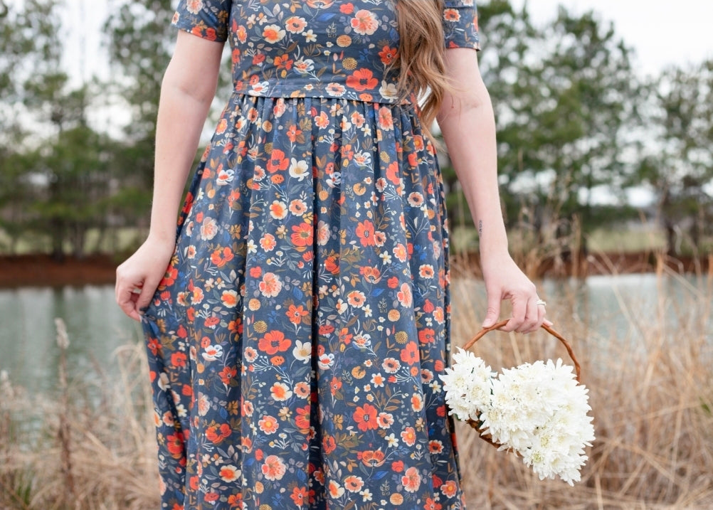 Antique Floral Prairie Style Cotton Maxi Dress with Natural Waist Bodice Nursing Friendly