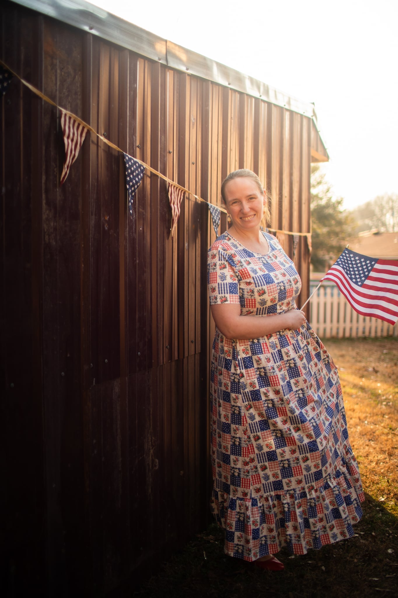 Patriotic Patchwork Prairie Style Cotton Maxi Dress with Natural Waist