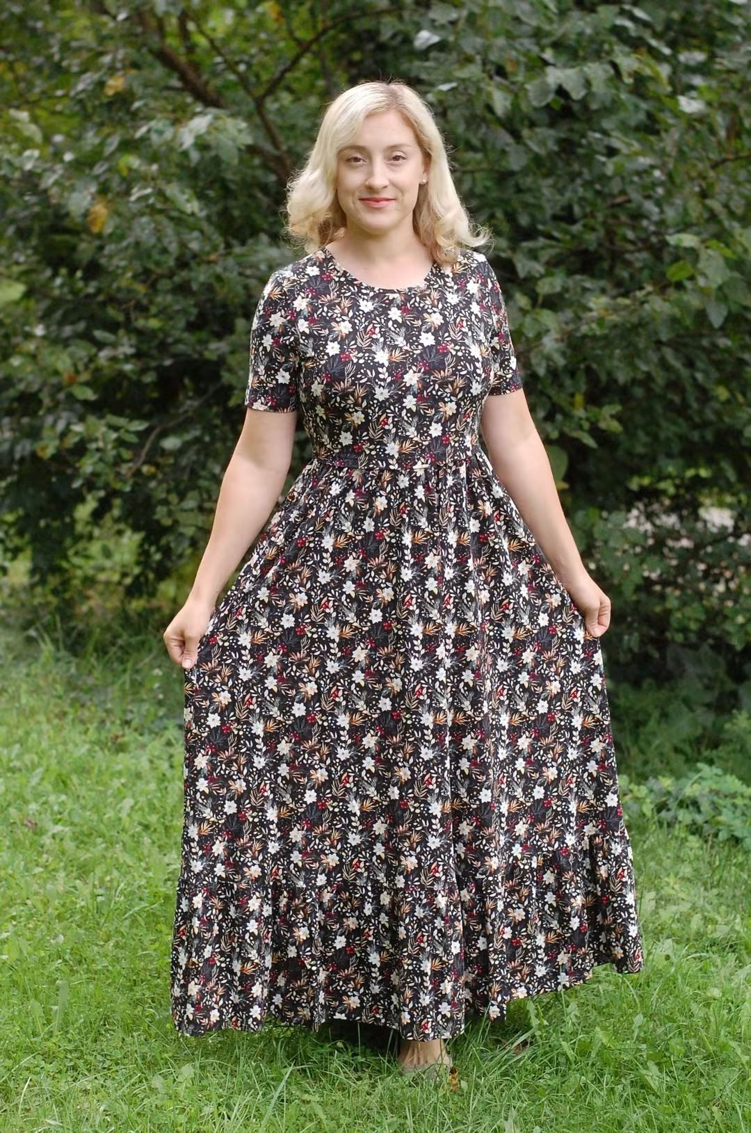 Pre-Order "Festive Flora"  Cotton Maxi Dress with Natural Waist Bodice