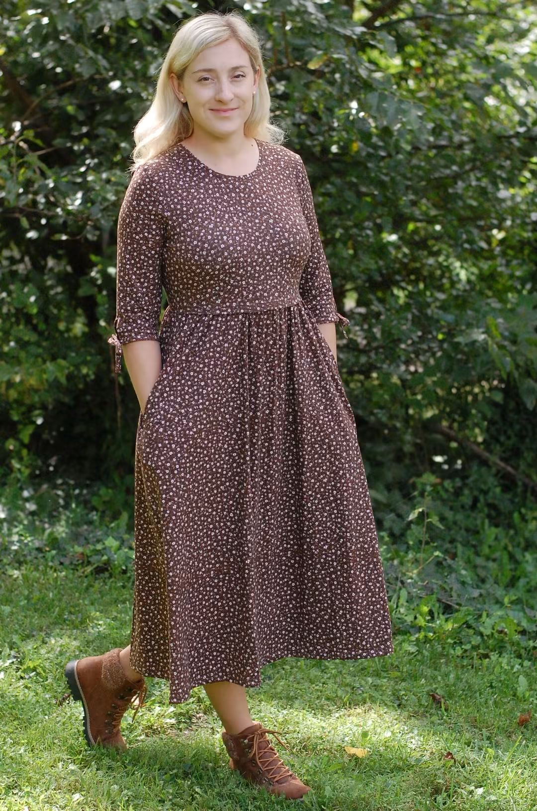 Pre-order Autumn Daisies Cotton Everyday Midi Dress with 3/4 Bow Sleeves