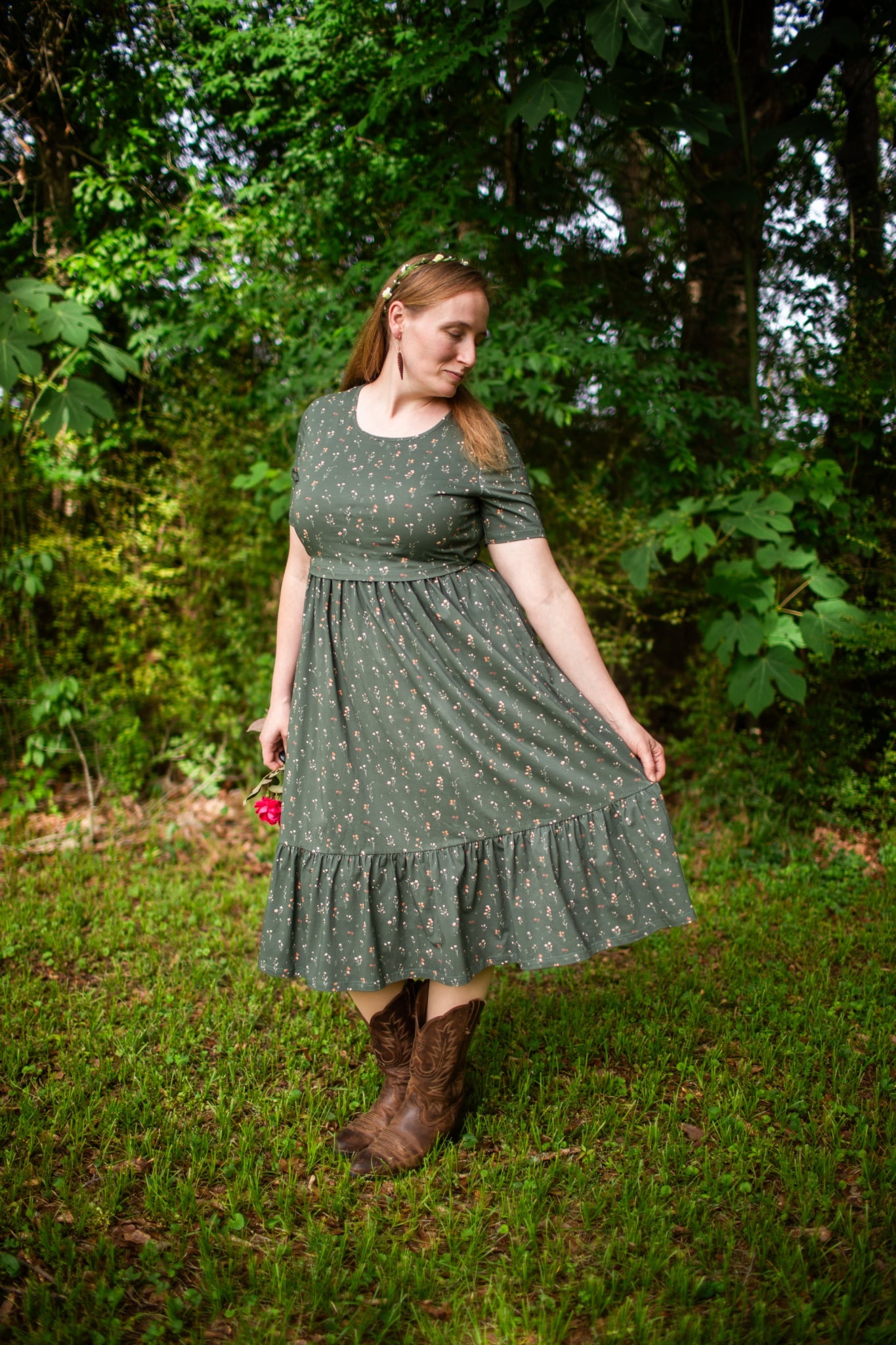 Forest Blooms Cotton Tiered Midi Dress with Natural Waist Bodice
