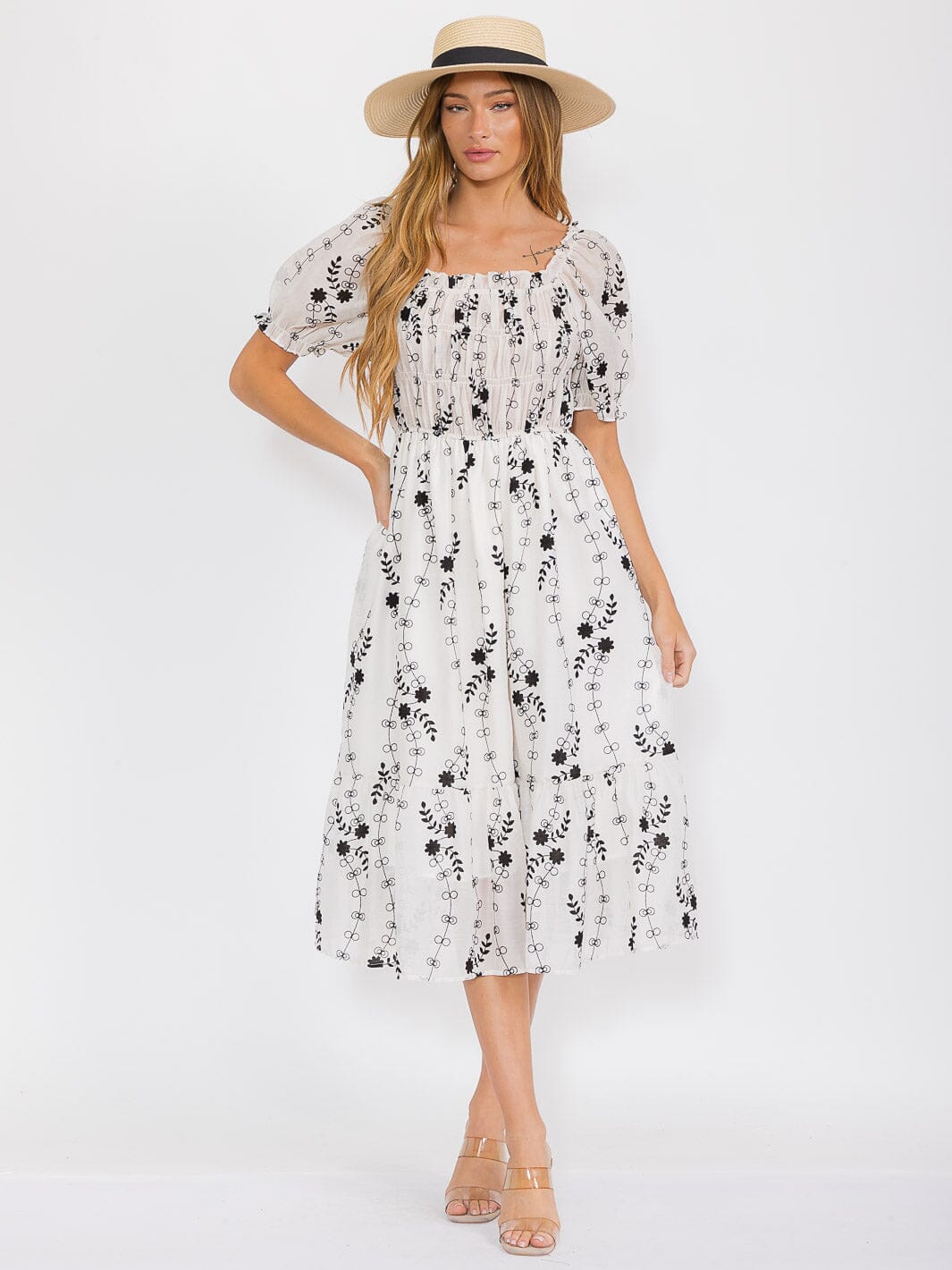 One Size Stretchy Smocked Dress in Black & White