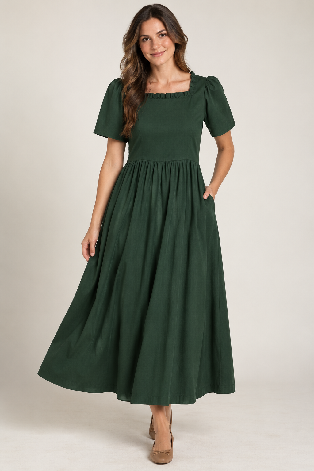 Pre-Order Emerald Green Ruffled Square Neck Dress