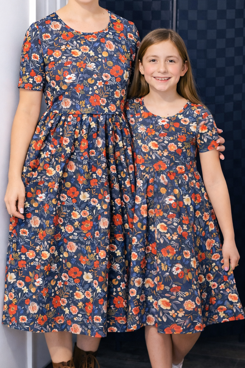 "Antique Floral" Prairie Style Nursing-Friendly Cotton Midi Dress with Natural Waist Bodice Nursing Friendly