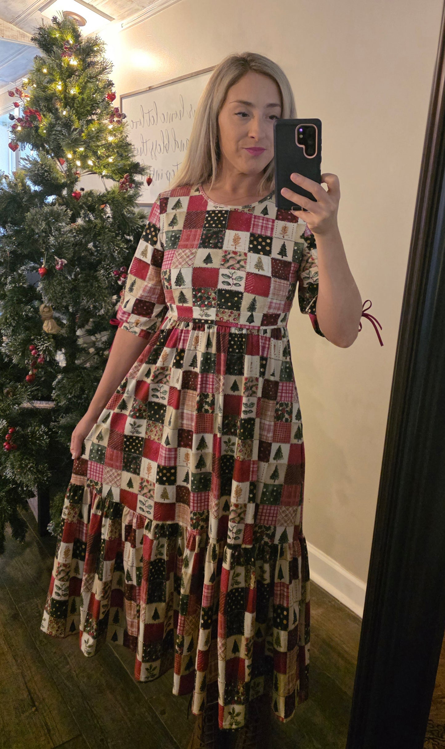 Holiday Patchwork Cotton Tiered Midi Dress