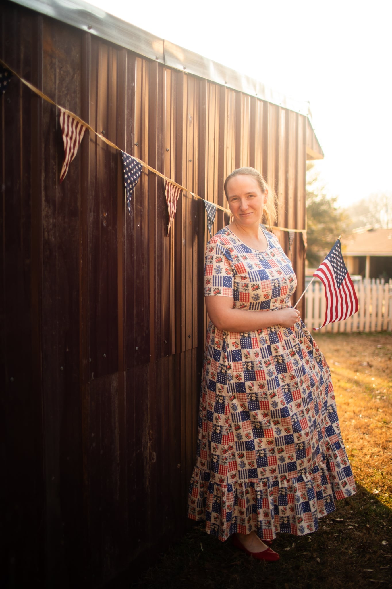 Patriotic Patchwork Prairie Style Cotton Maxi Dress with Natural Waist Bodice Nursing Friendly