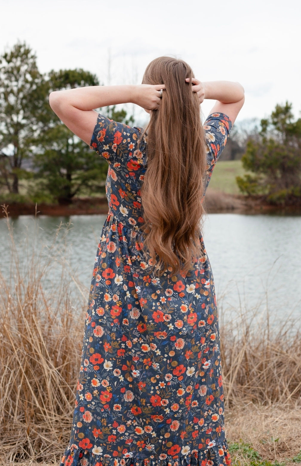 Antique Floral Prairie Style Cotton Maxi Dress with Natural Waist Bodice Nursing Friendly
