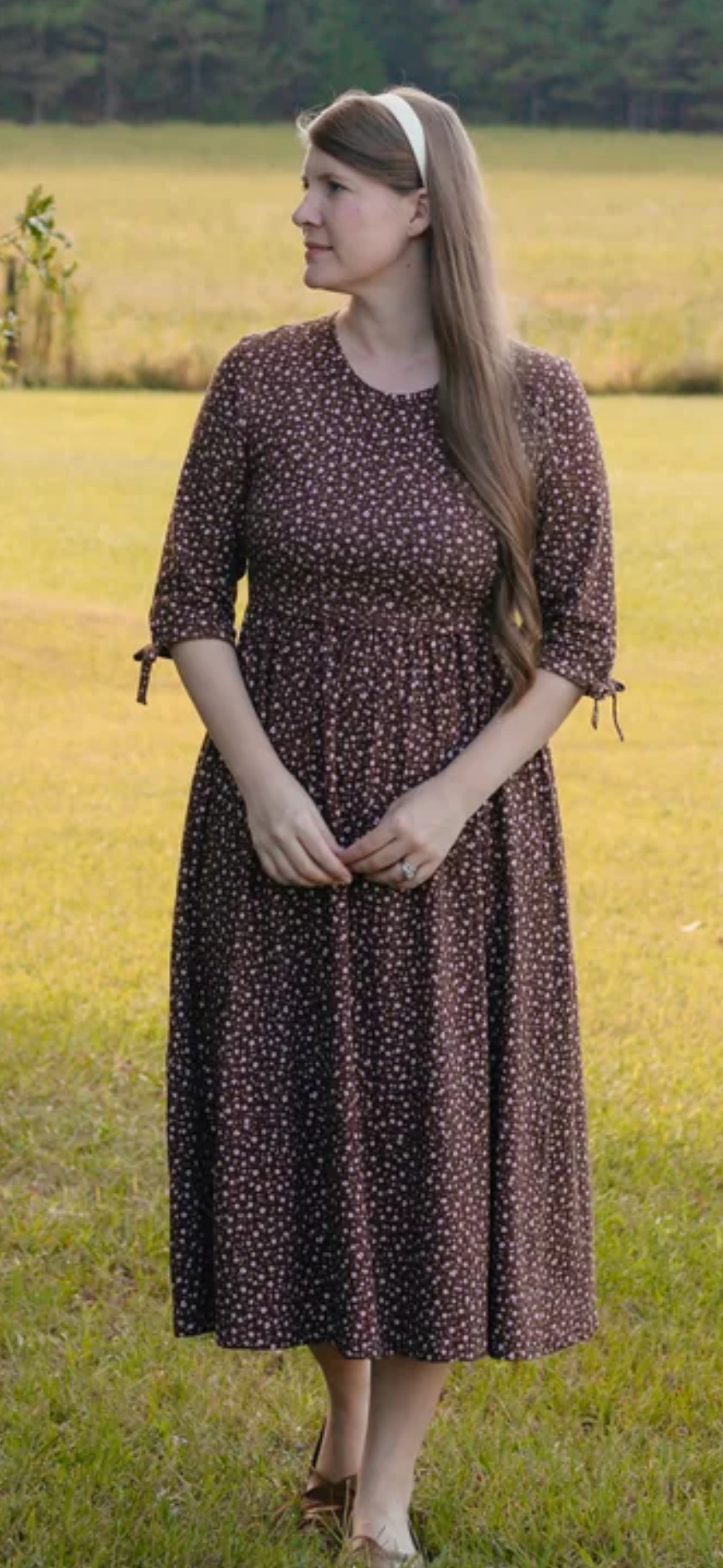 Pre-order Autumn Daisies Cotton Everyday Midi Dress with 3/4 Bow Sleeves