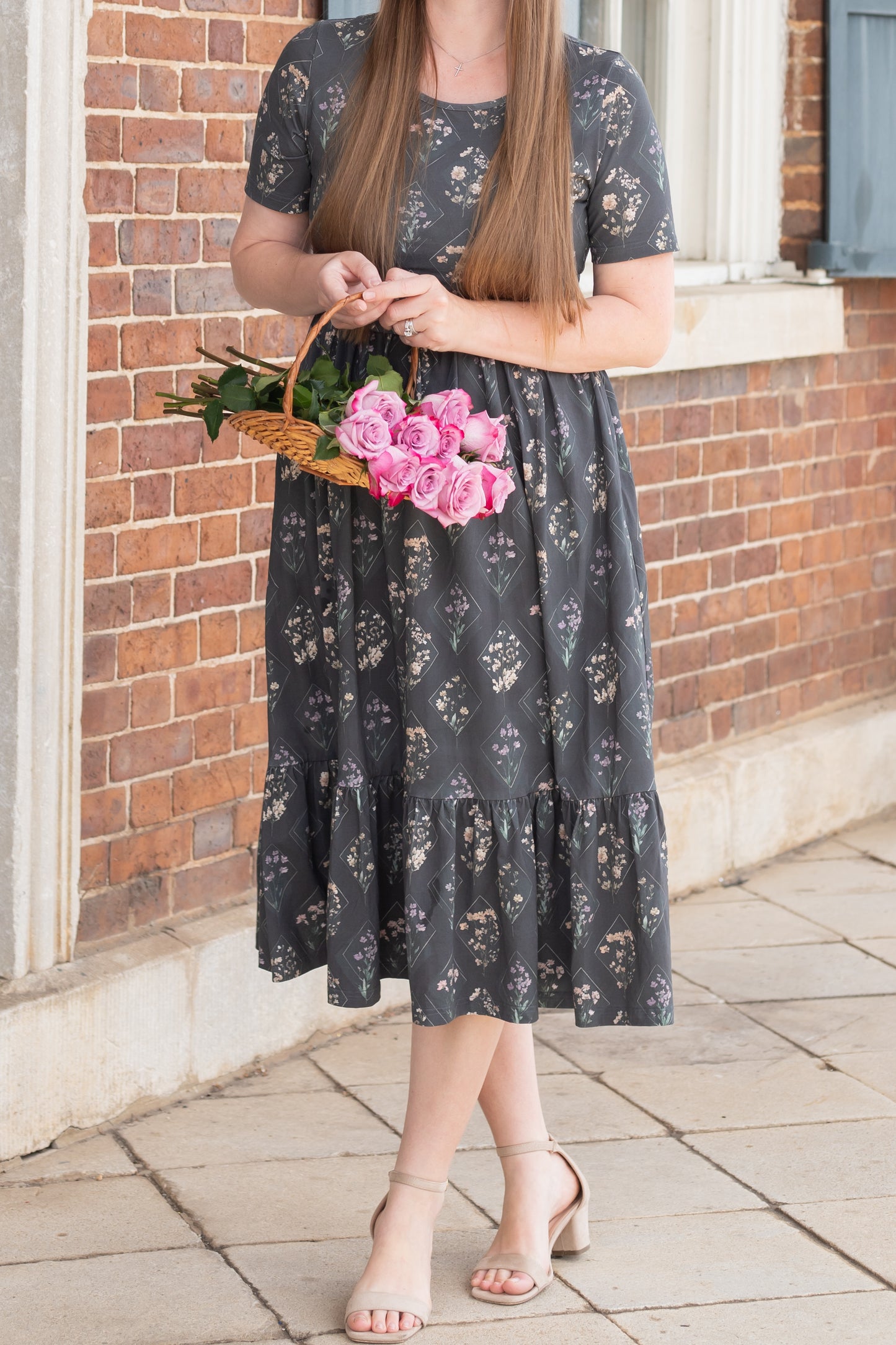 Moonlit Meadow Cotton Midi Dress with Natural Waist Bodice