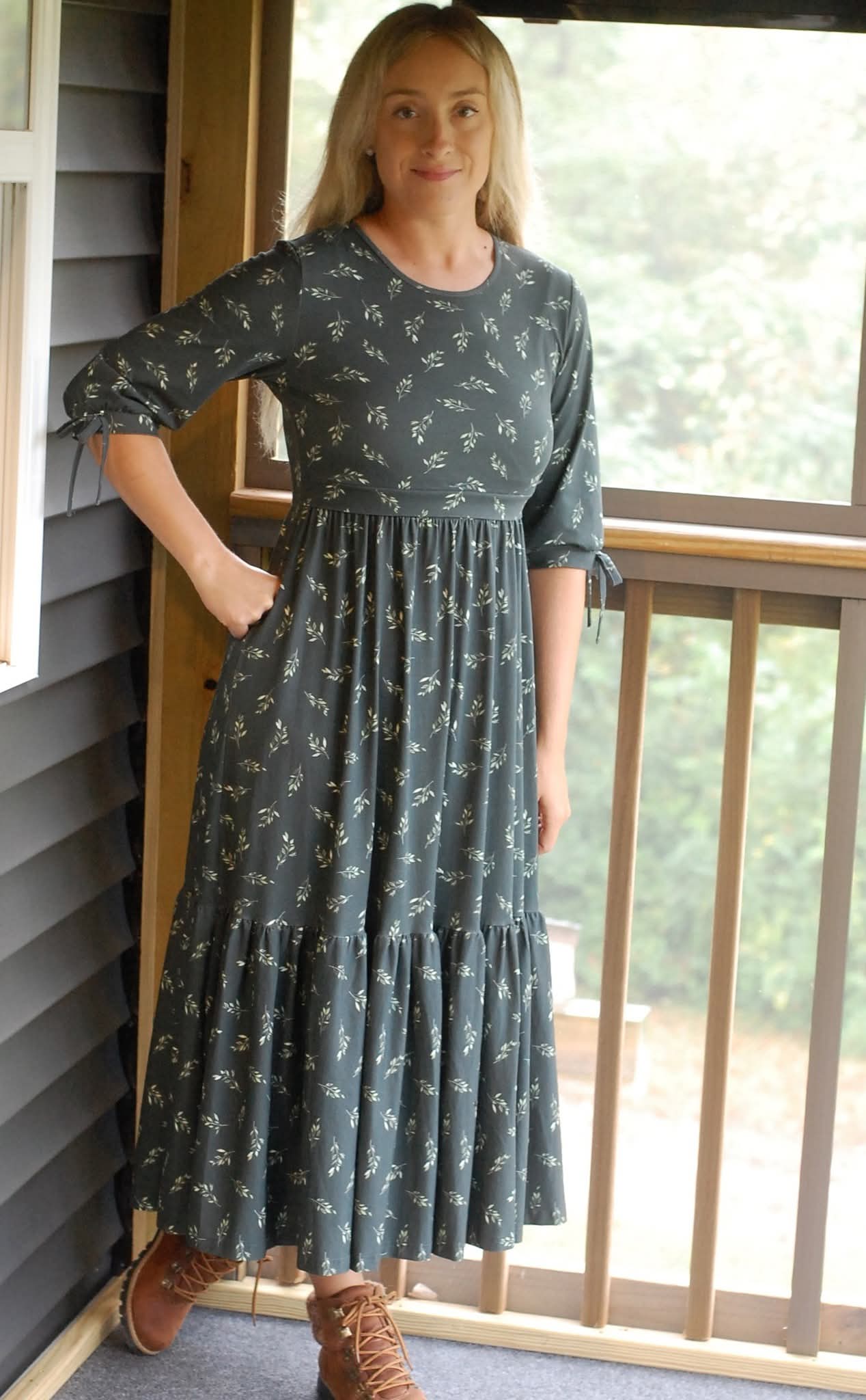 Olive Branch Nursing Friendly Cotton Tiered Midi Dress in Dark Green