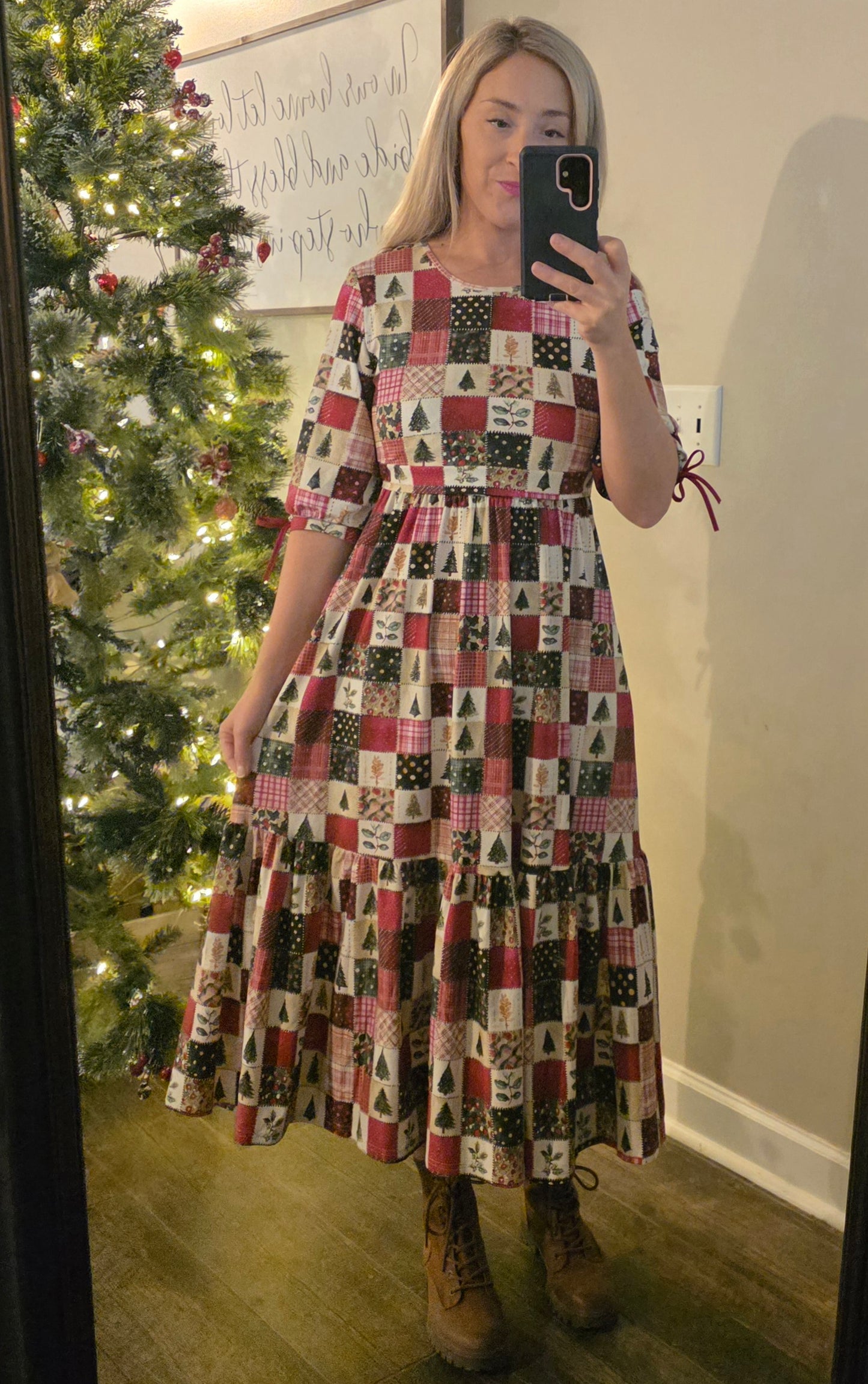 Holiday Patchwork Cotton Tiered Midi Dress