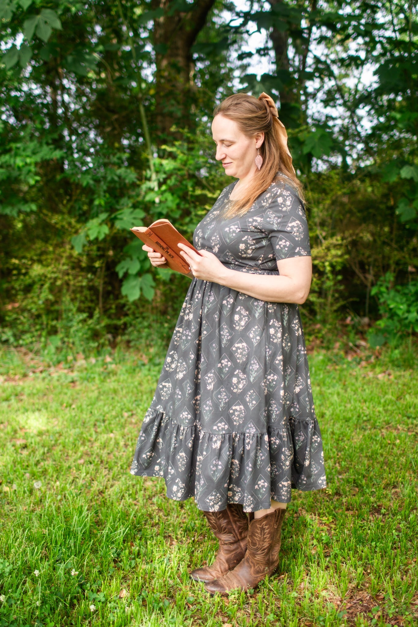 Moonlit Meadow Cotton Midi Dress with Natural Waist Bodice