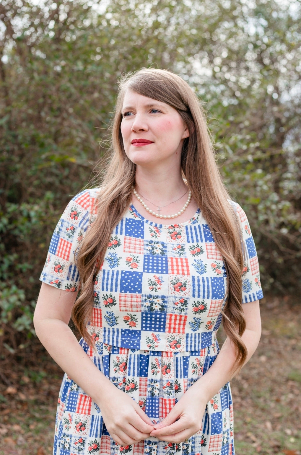 Patriotic Patchwork Prairie Style Cotton Maxi Dress with Natural Waist Bodice Nursing Friendly