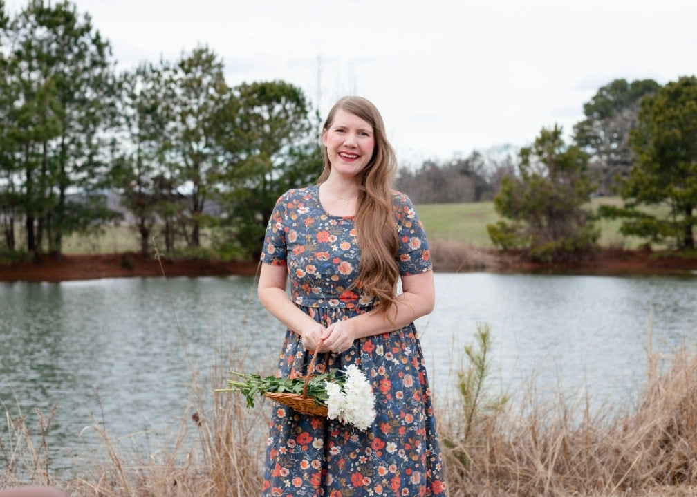 Antique Floral Prairie Style Cotton Maxi Dress with Natural Waist Bodice Nursing Friendly