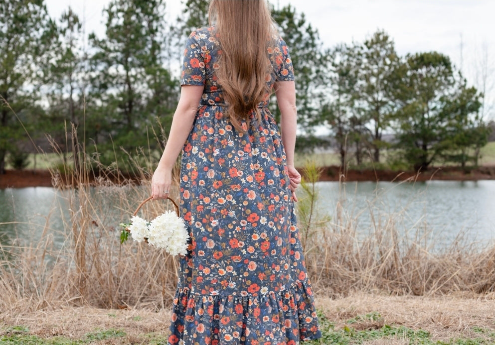 Antique Floral Prairie Style Cotton Maxi Dress with Natural Waist Bodice Nursing Friendly