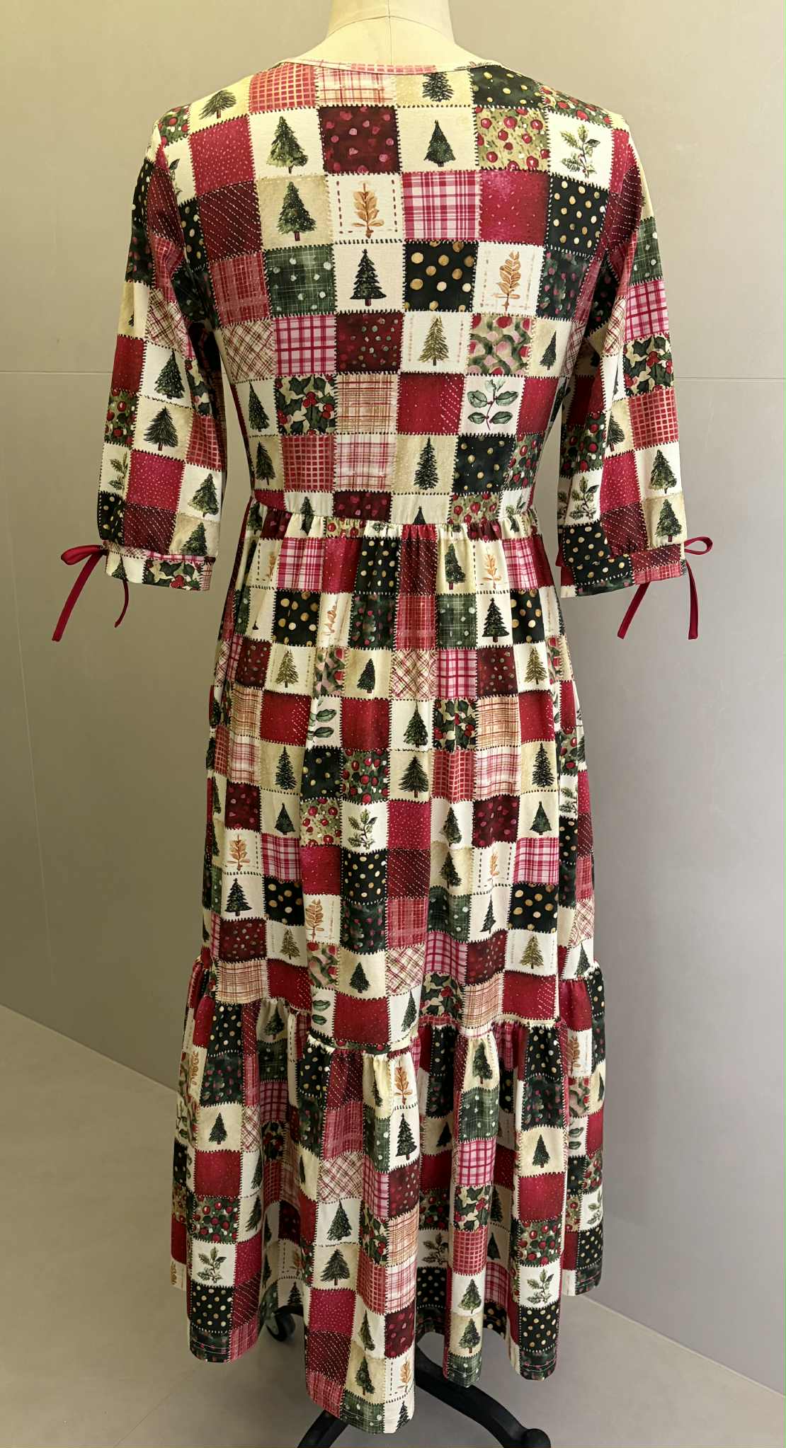 Holiday Patchwork Cotton Tiered Midi Dress