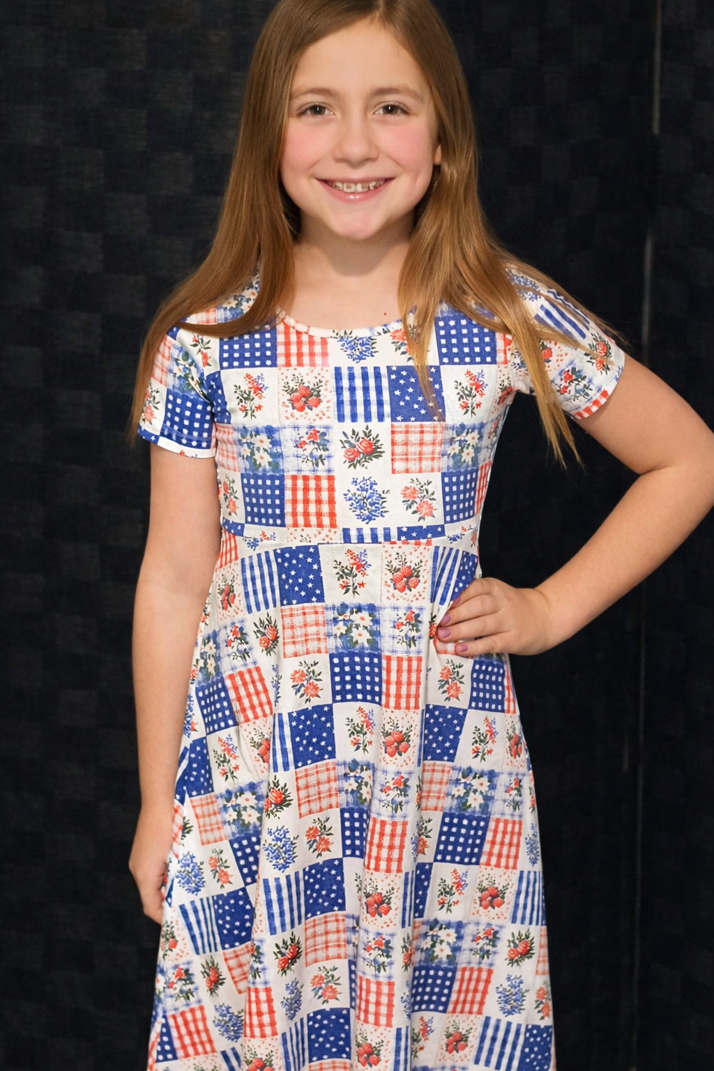 Girls Patriotic Patchwork Twirl Cotton Dress