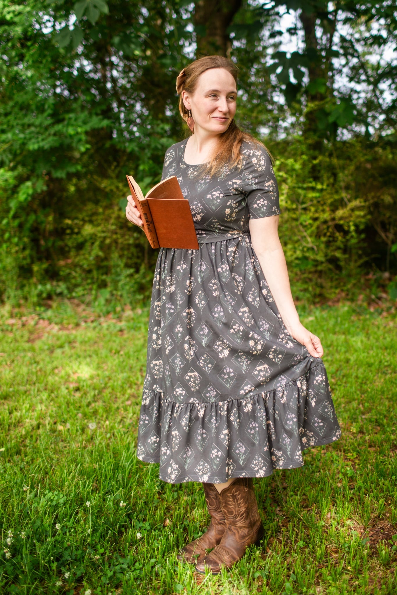 Moonlit Meadow Cotton Midi Dress with Natural Waist Bodice