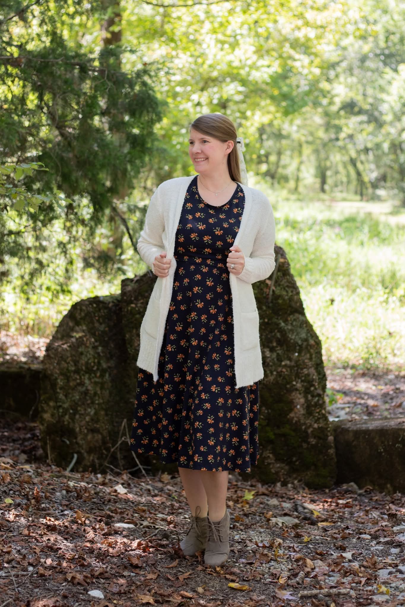 Cotton "Orange Blossom"  Nursing Friendly Dress in Navy