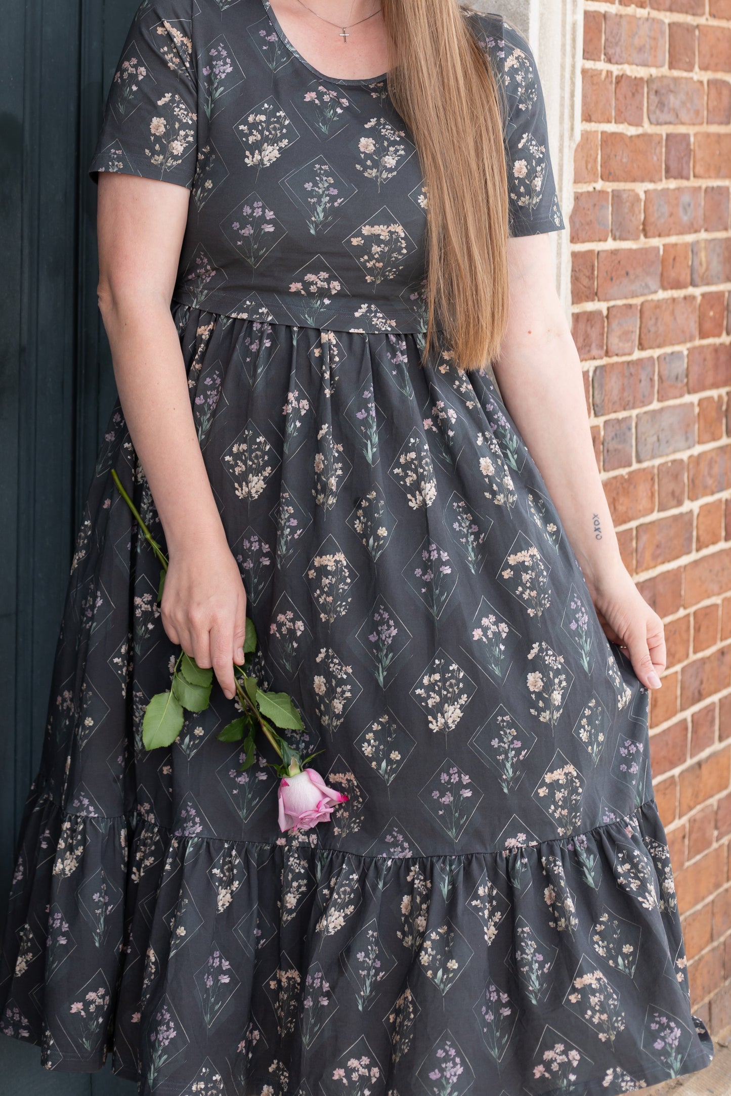 Moonlit Meadow Cotton Midi Dress with Natural Waist Bodice