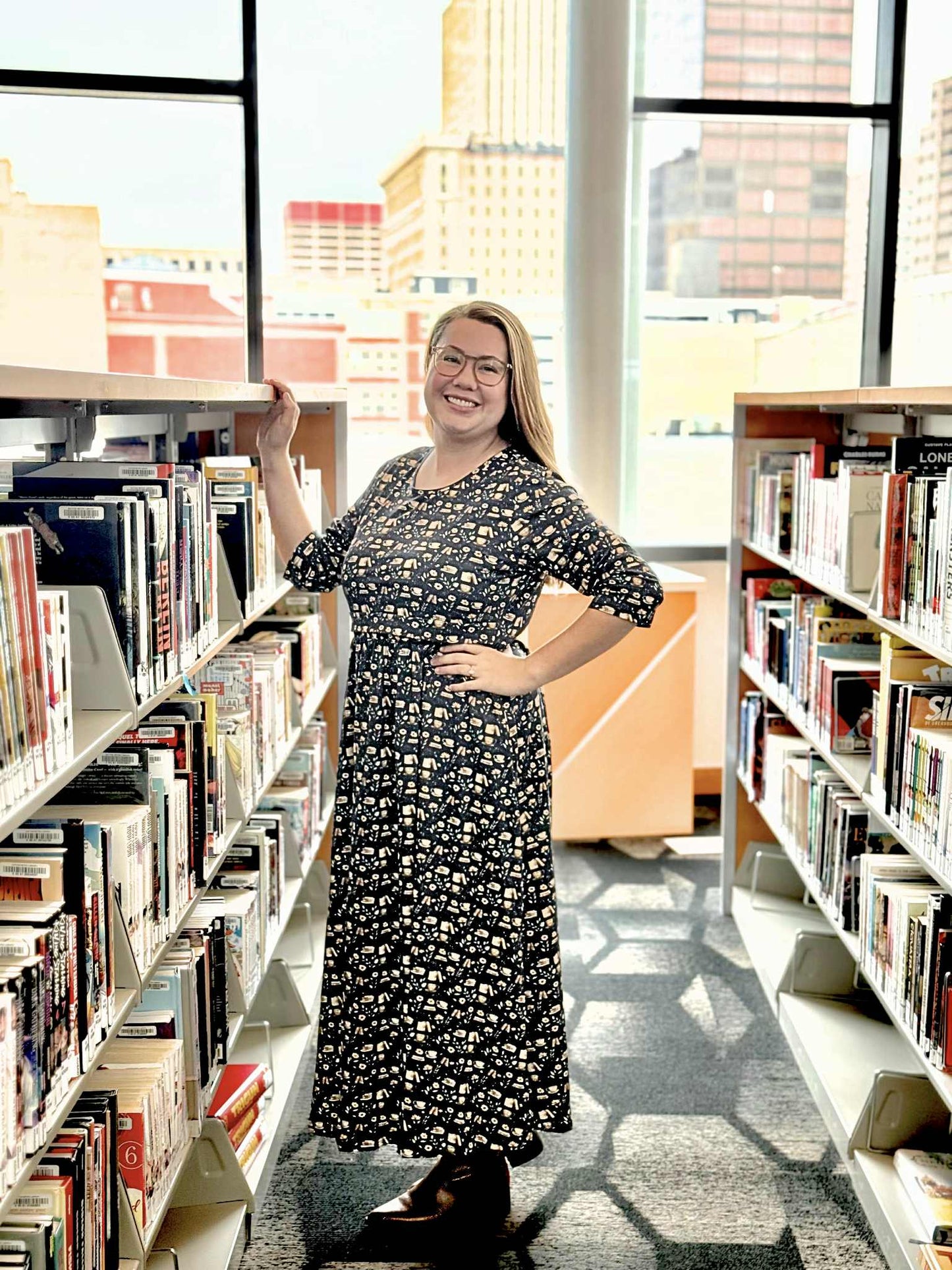 Blue Cotton "Novella" Book Print Homestead Nursing Friendly Dress