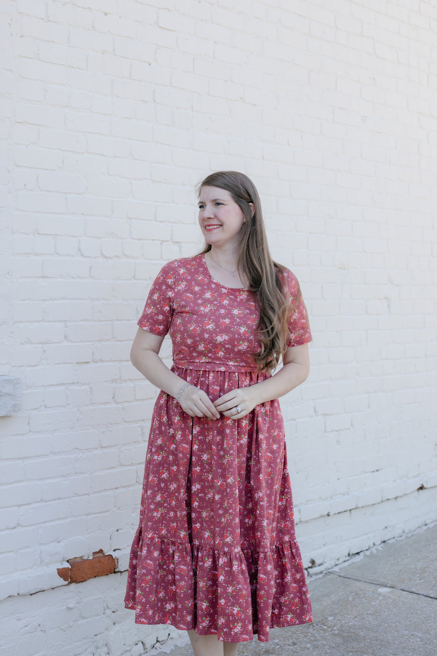 Romantic Blooms Cotton Tiered Midi Dress with Natural Waist Bodice