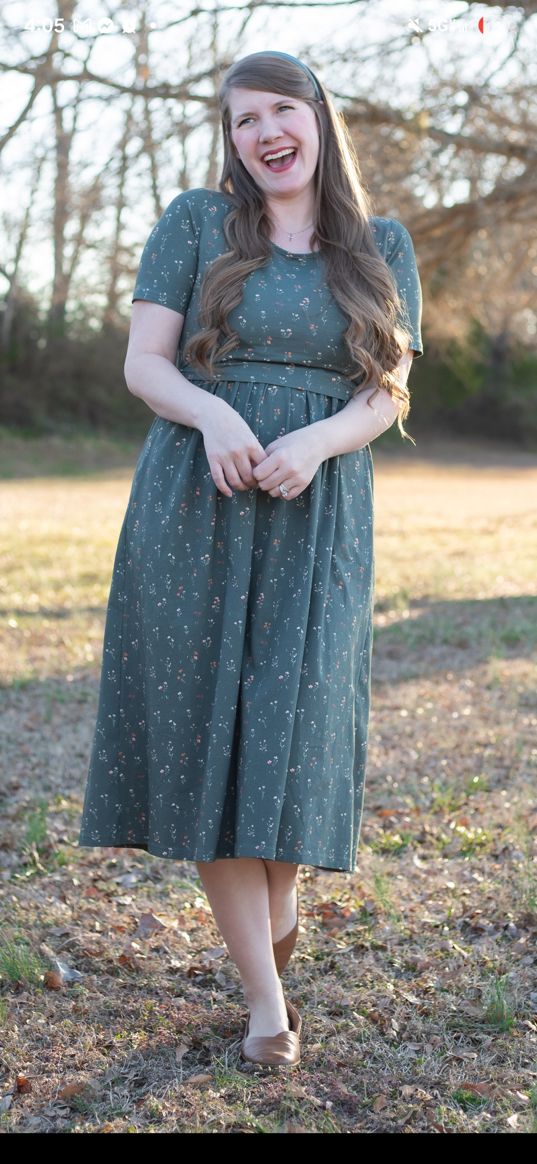 Forest Blooms Cotton MIDI Dress with Natural Waist Bodice