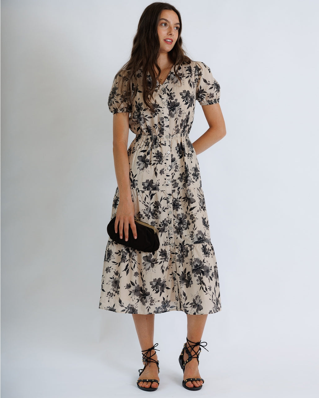 100% Cotton Black & Beige Floral Dress