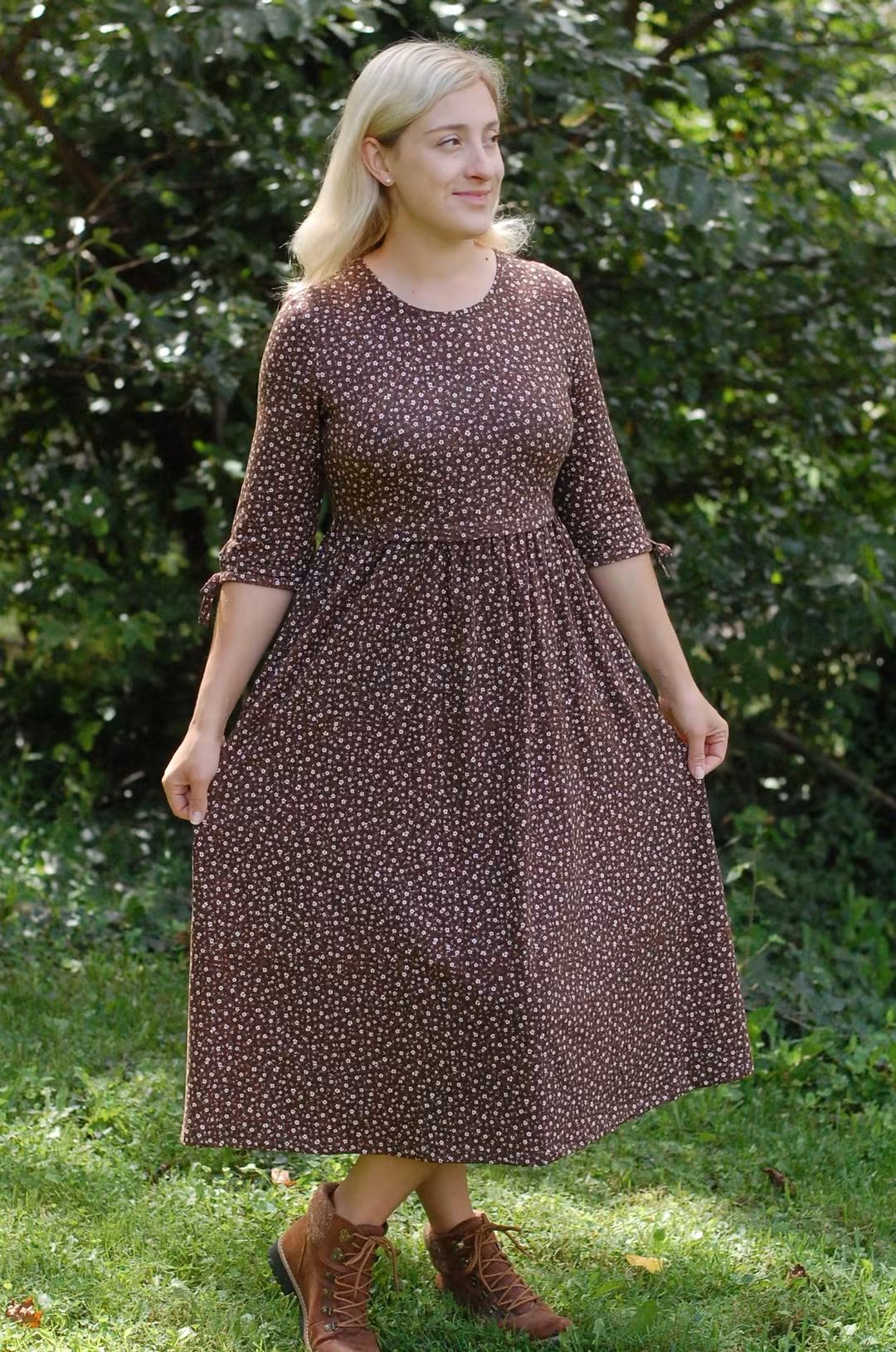 Pre-order Autumn Daisies Cotton Everyday Midi Dress with 3/4 Bow Sleeves
