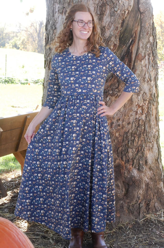 Pre-Order Blue Cotton "Novella" Book Print Homestead Nursing Friendly Dress