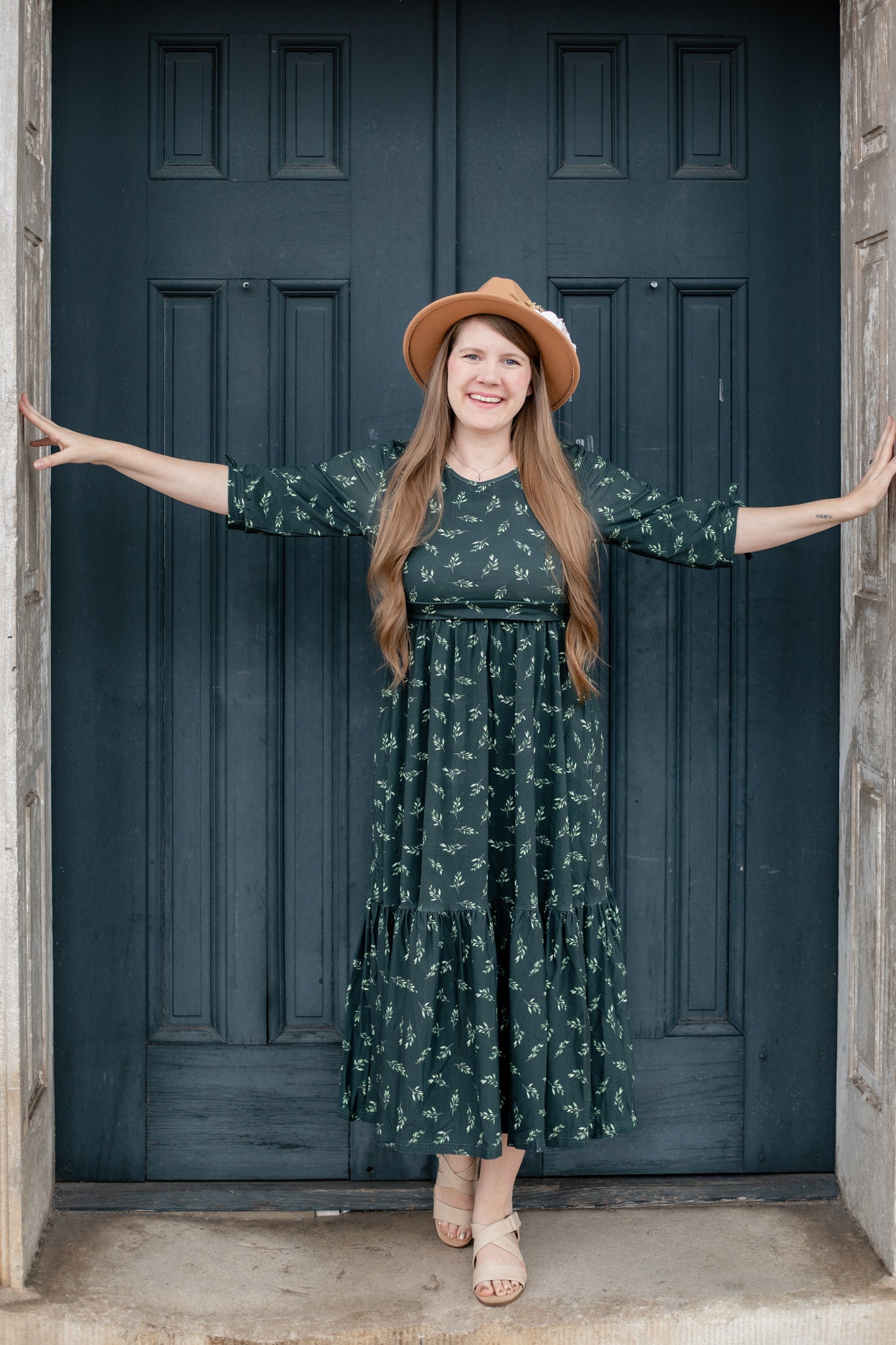 Olive Branch Nursing Friendly Cotton Tiered Midi Dress in Dark Green