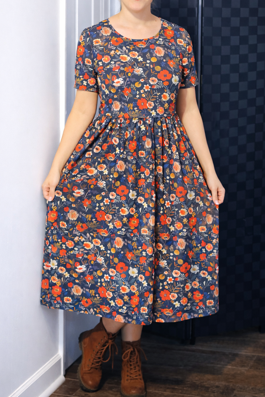 "Antique Floral" Prairie Style Nursing-Friendly Cotton Midi Dress with Natural Waist Bodice Nursing Friendly