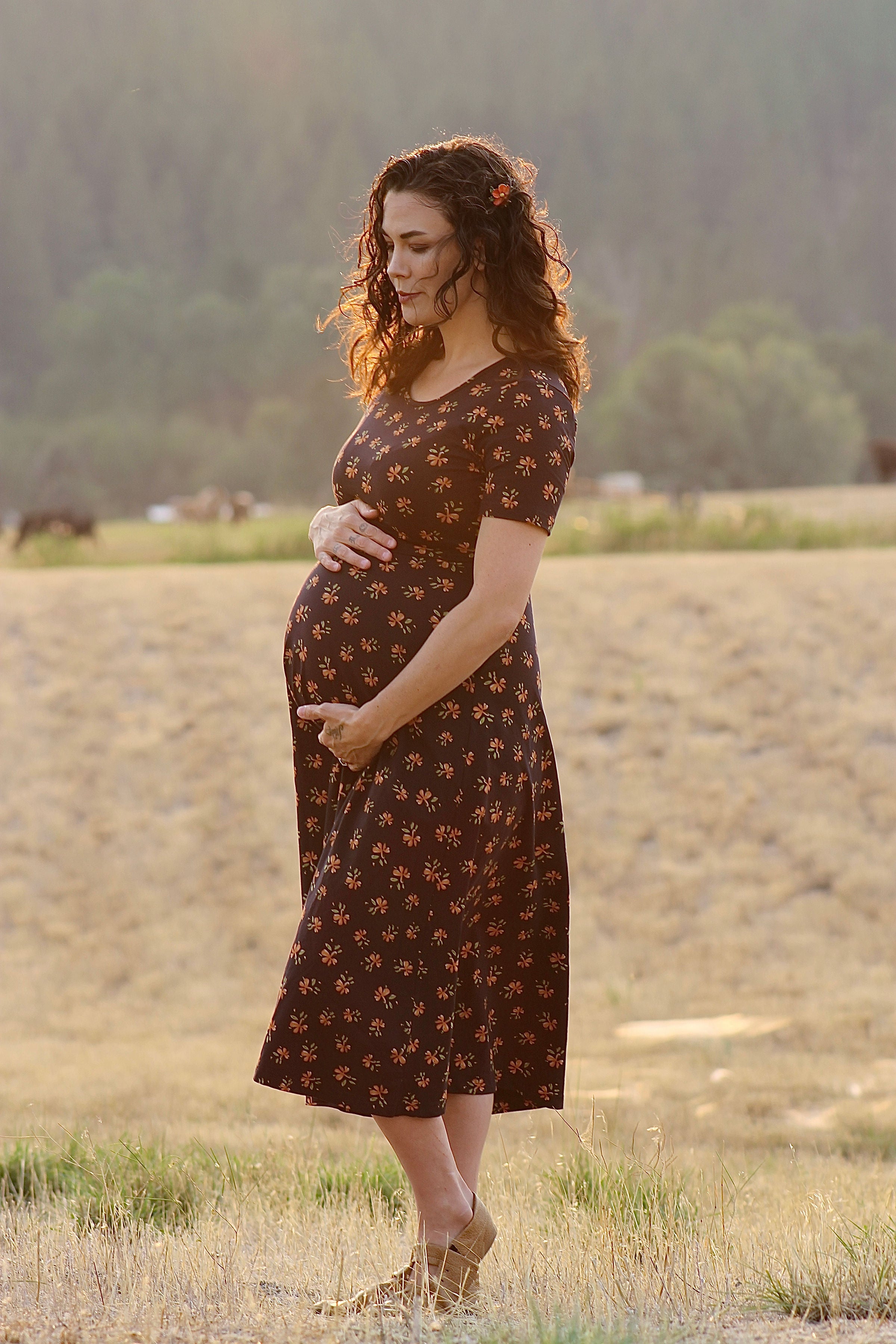 Cotton "Orange Blossom"  Nursing Friendly Dress in Navy