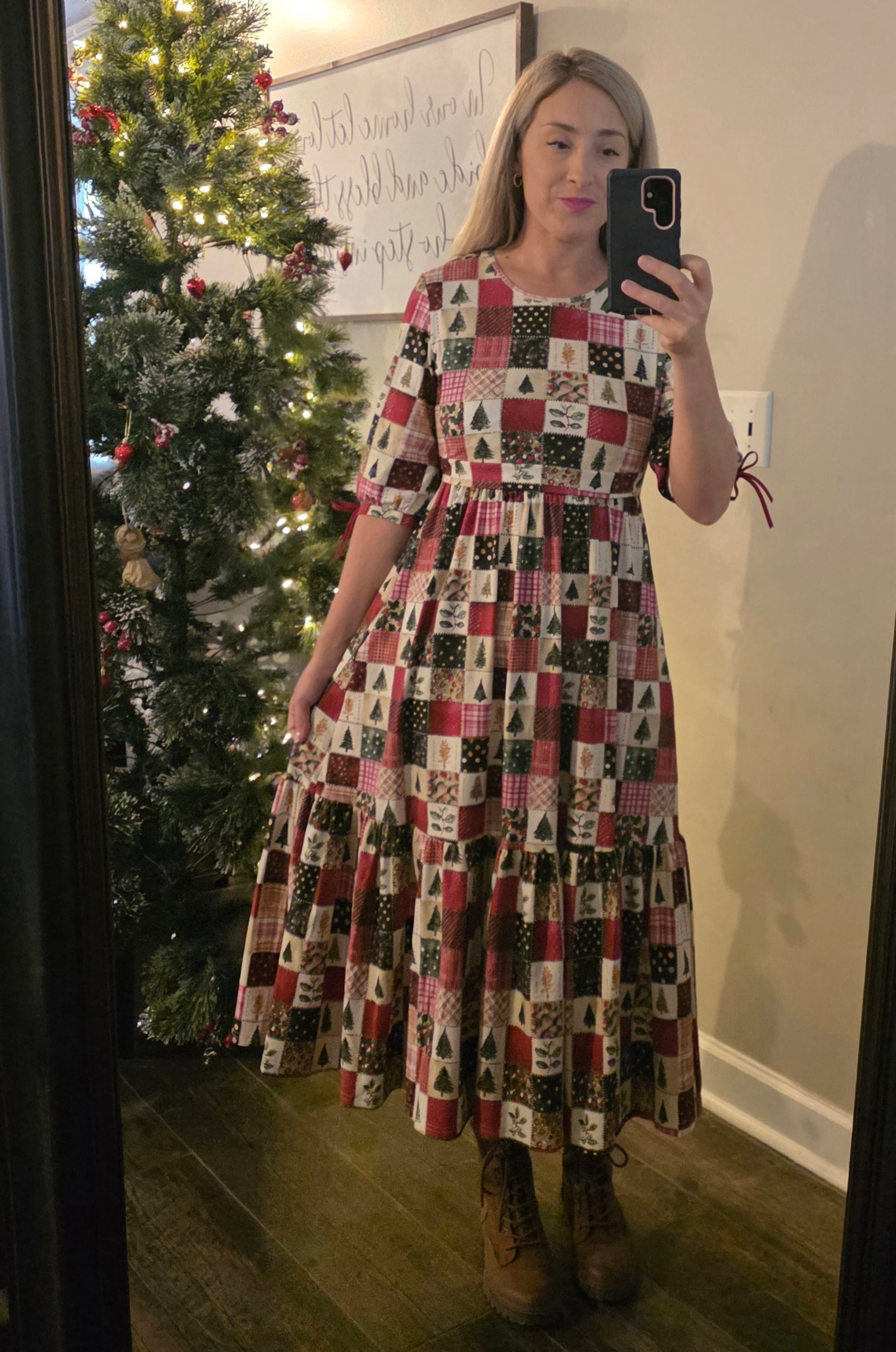 Holiday Patchwork Cotton Tiered Midi Dress