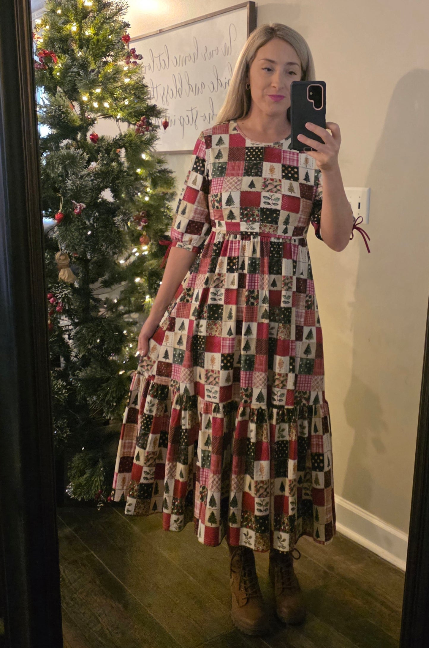 Holiday Patchwork Cotton Tiered Midi Dress