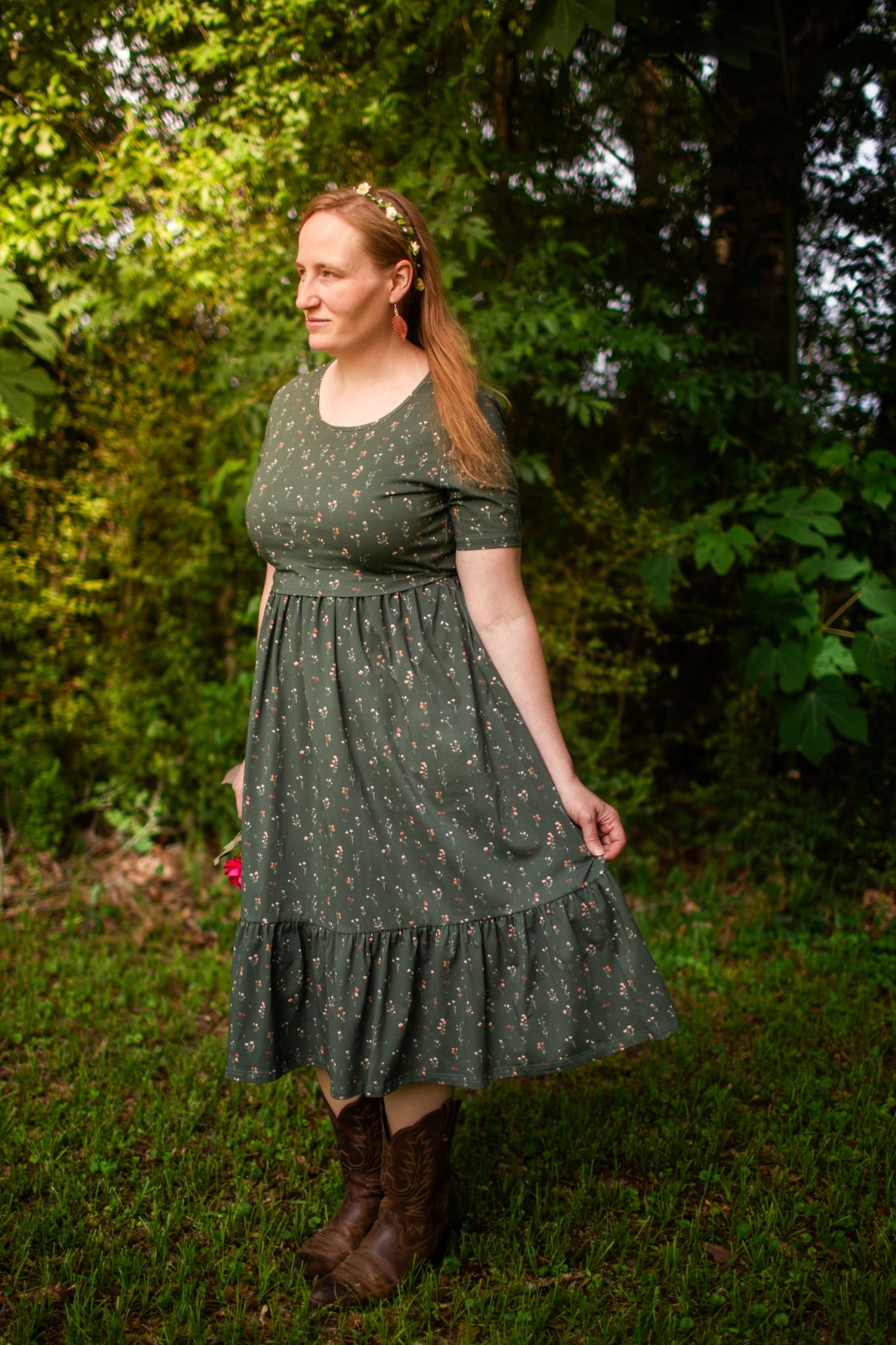 Forest Blooms Cotton Tiered Midi Dress with Natural Waist Bodice
