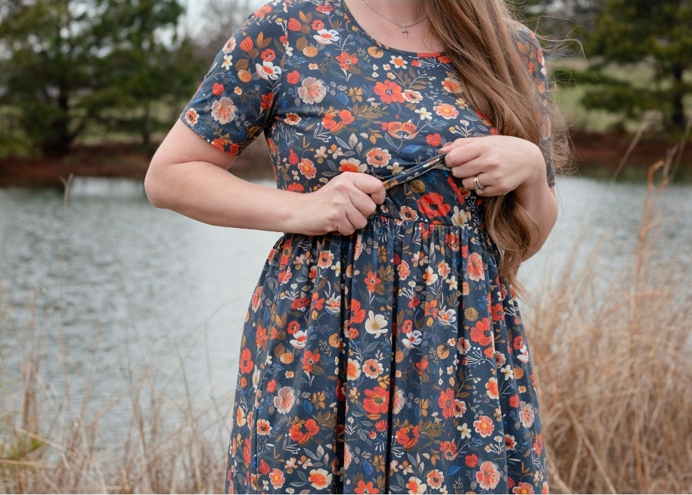 Antique Floral Prairie Style Cotton Maxi Dress with Natural Waist Bodice Nursing Friendly