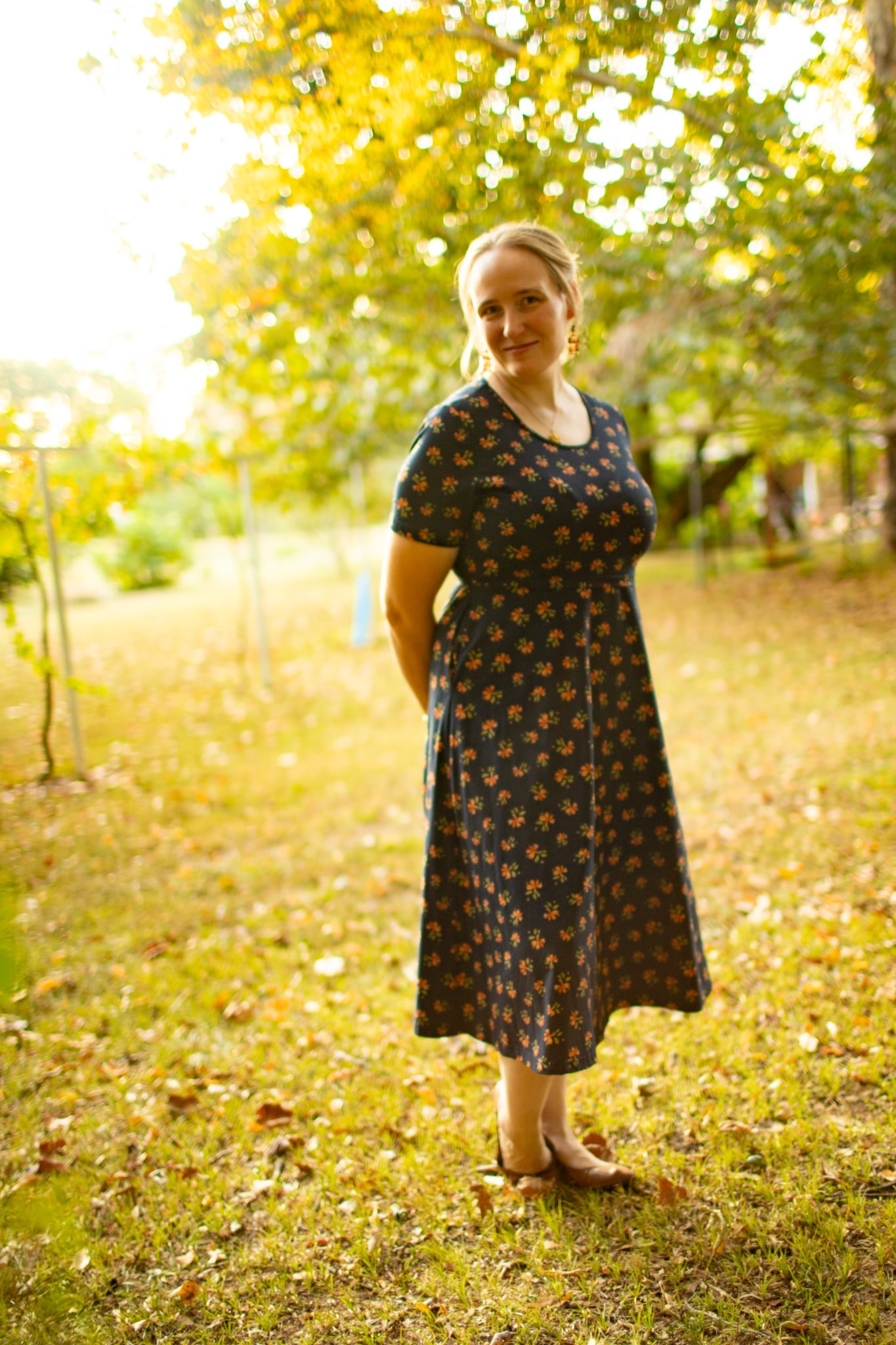 Cotton "Orange Blossom"  Nursing Friendly Dress in Navy