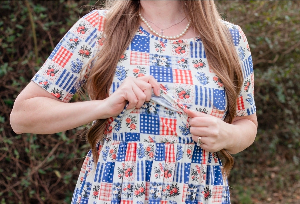 Patriotic Patchwork Prairie Style Cotton Maxi Dress with Natural Waist Bodice Nursing Friendly