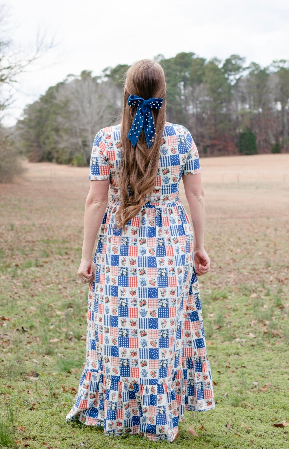Patriotic Patchwork Prairie Style Cotton Maxi Dress with Natural Waist Bodice Nursing Friendly