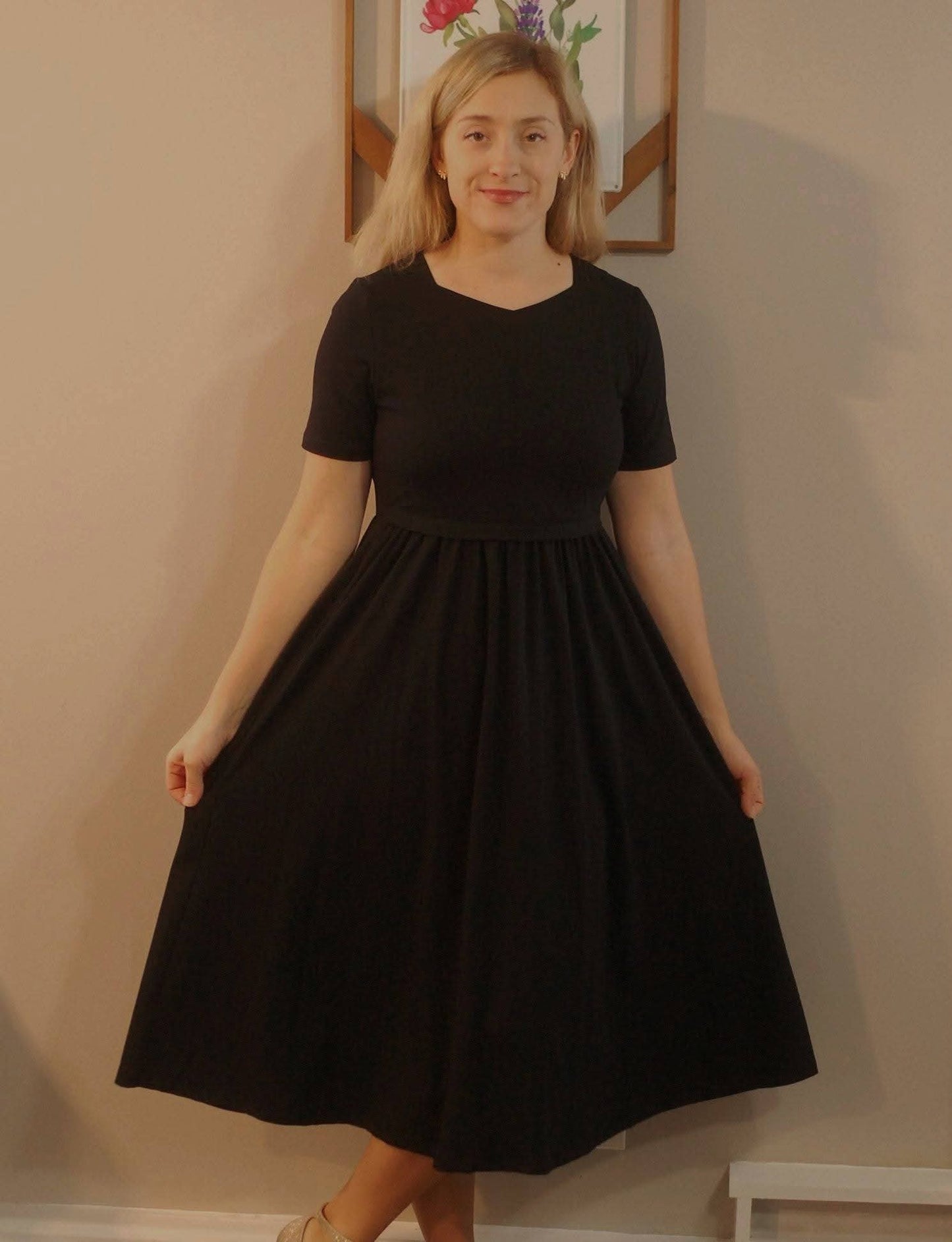 "Amy" Little Black Nursing-Friendly Cotton Dress with Sweetheart Neckline