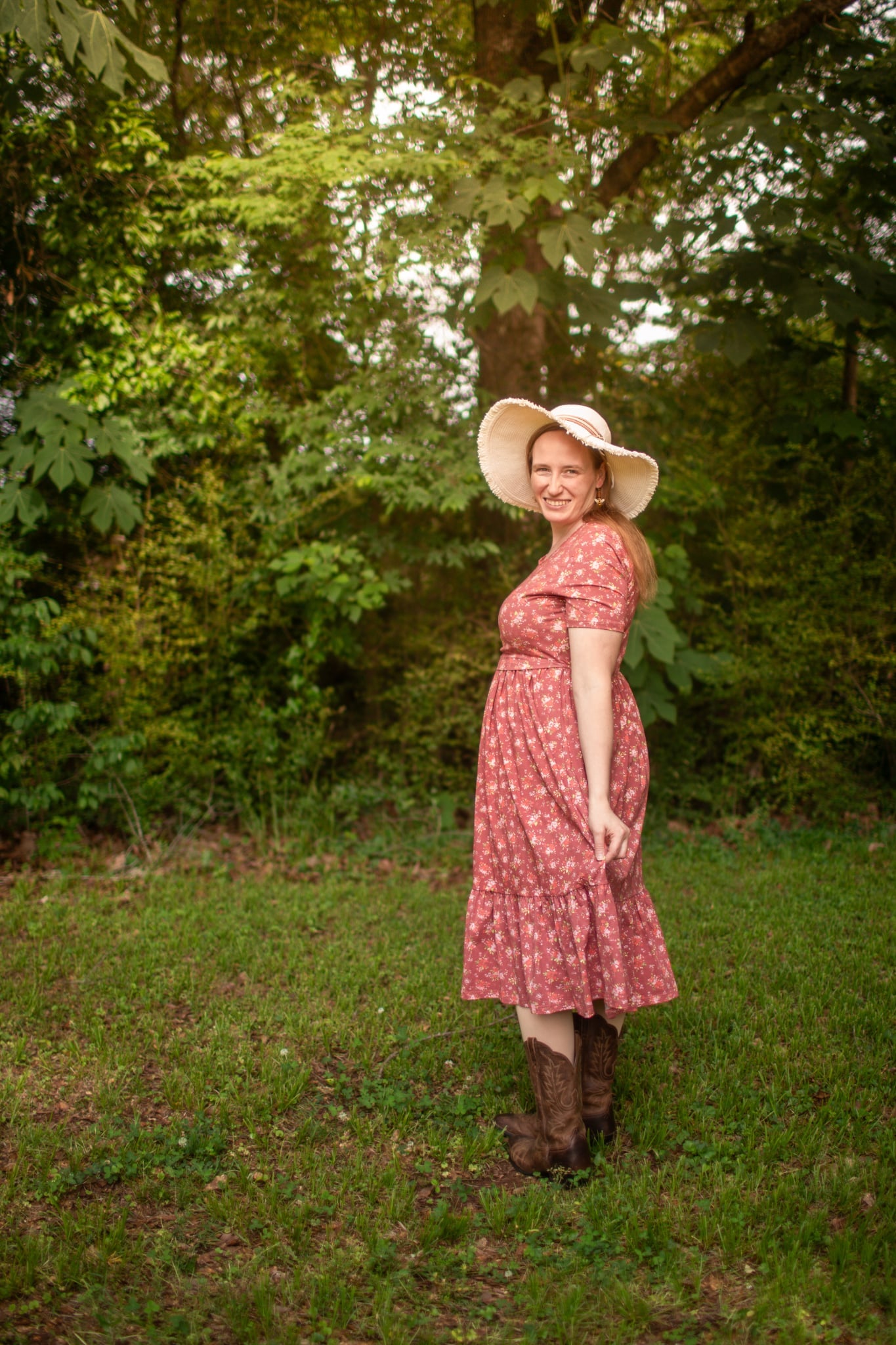 Romantic Blooms Cotton Tiered Midi Dress with Natural Waist Bodice