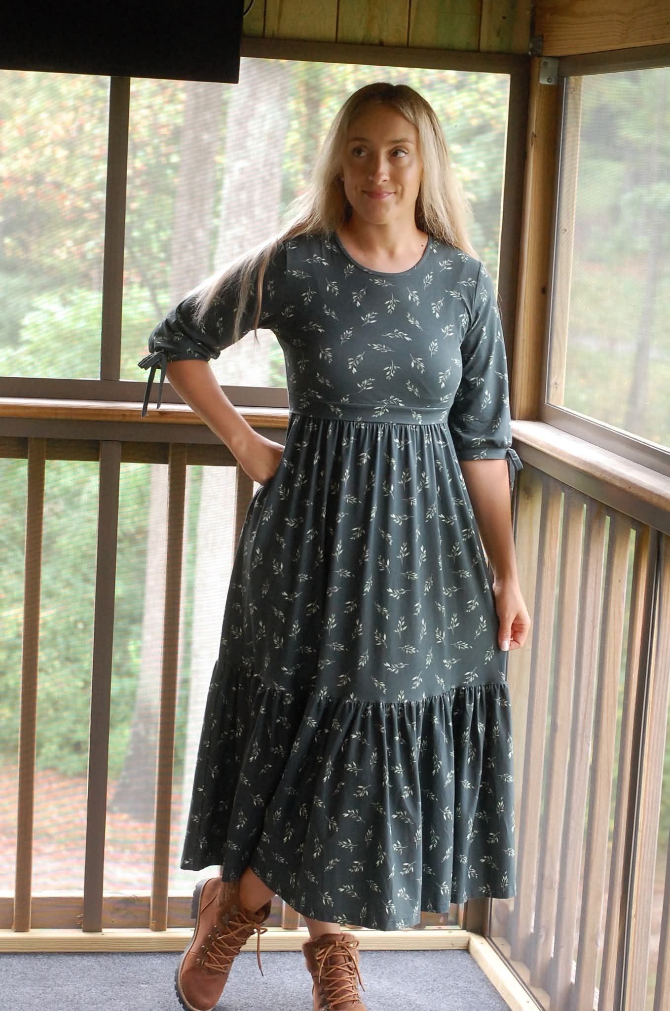 Olive Branch Nursing Friendly Cotton Tiered Midi Dress in Dark Green