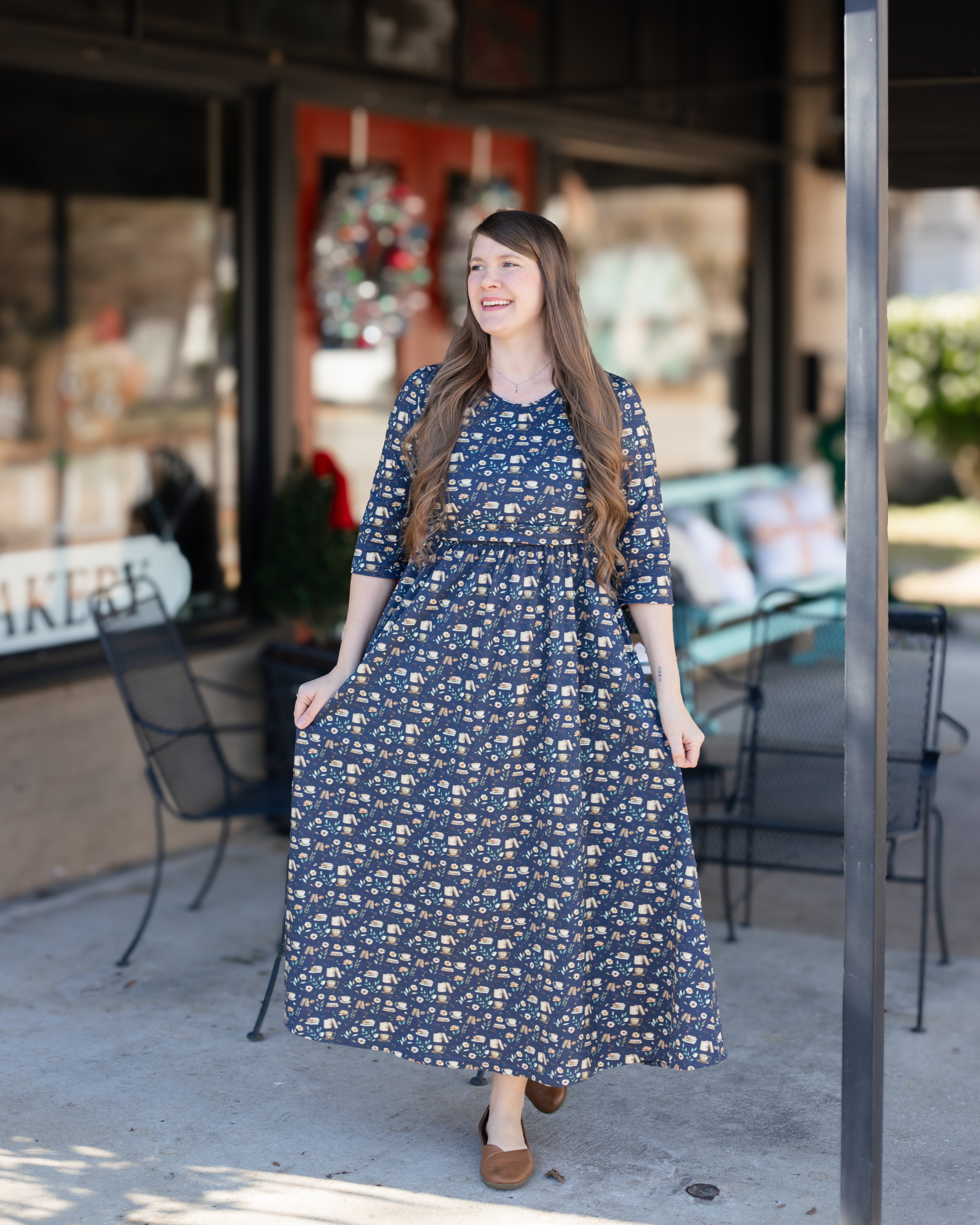 Blue Cotton "Novella" Book Print Homestead Nursing Friendly Dress